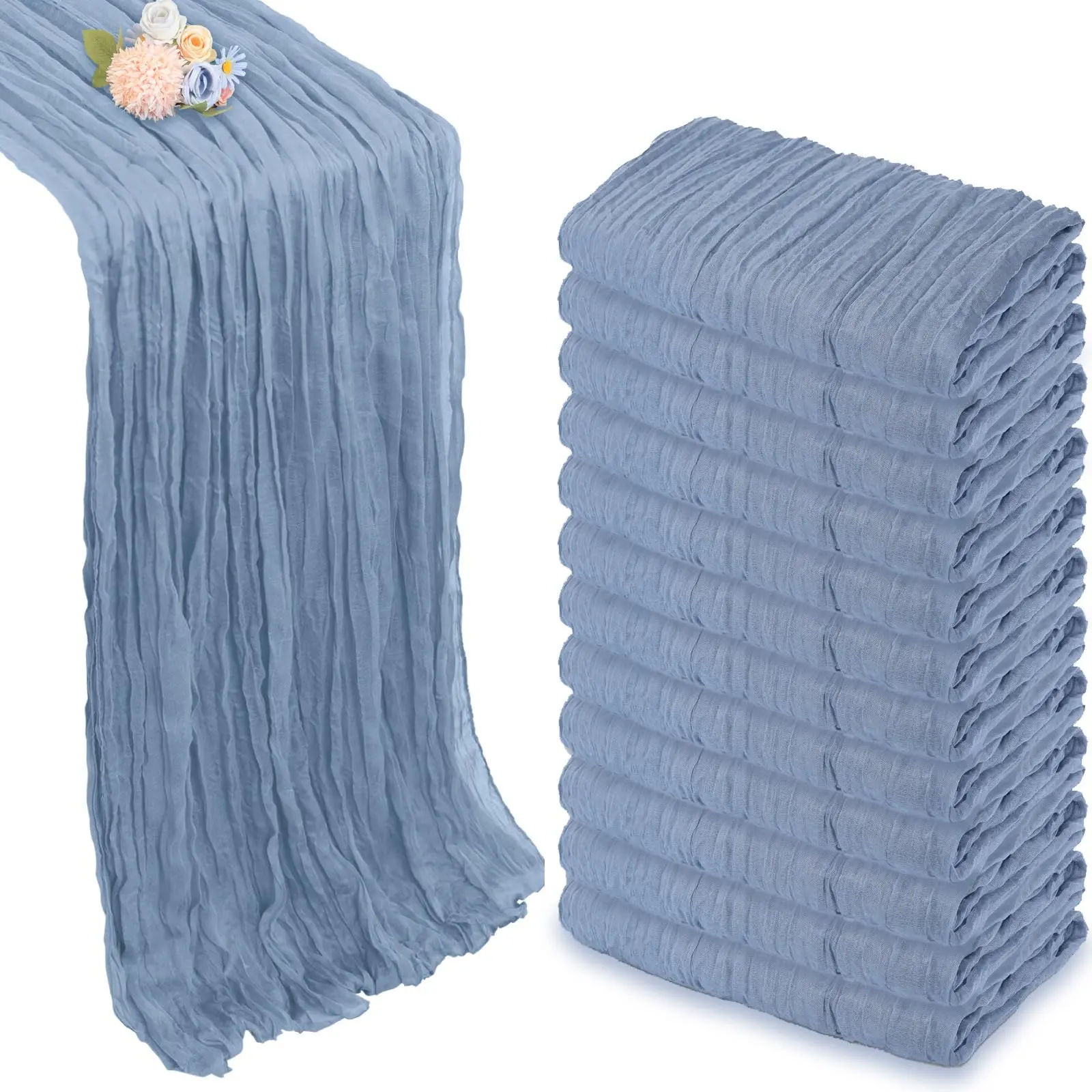 Dusty Blue & Blush Pink Durable Soft Polyester Cheesecloth Weave Table Runners, 6/12 Pack 17x108in Semi-Sheer Rustic Boho Gauze with Pleated Look, Machine Washable for Wedding, Party Decor