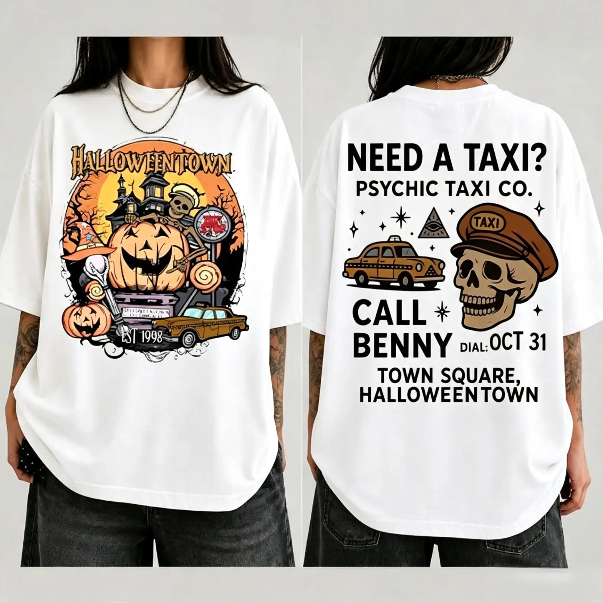 Halloween Town EST 1998 Skeleton Taxi Driver Print Washed T-shirt,Double-sided Halloween T-shirt, Retro Halloweentown Shirt, Halloweentown University Tees, Halloween Crewneck Gifts