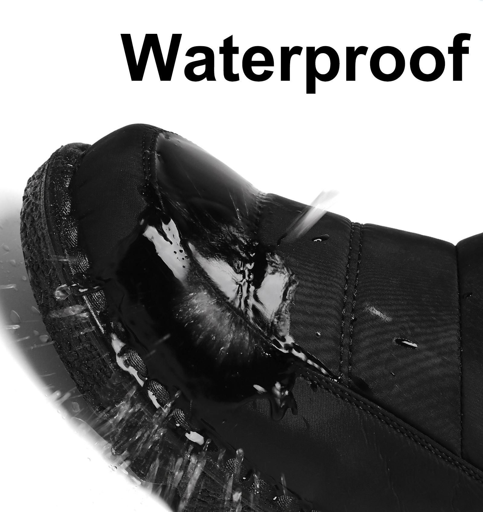 Winter Snow Boots for Women Fur Lined Warm Waterproof Slip On Booties with Breathable Fur Lining Slip Resistant Sole Black Oxford Cloth Upper Velcro Closure Outdoor Booties for Camping Walking SpringStatements