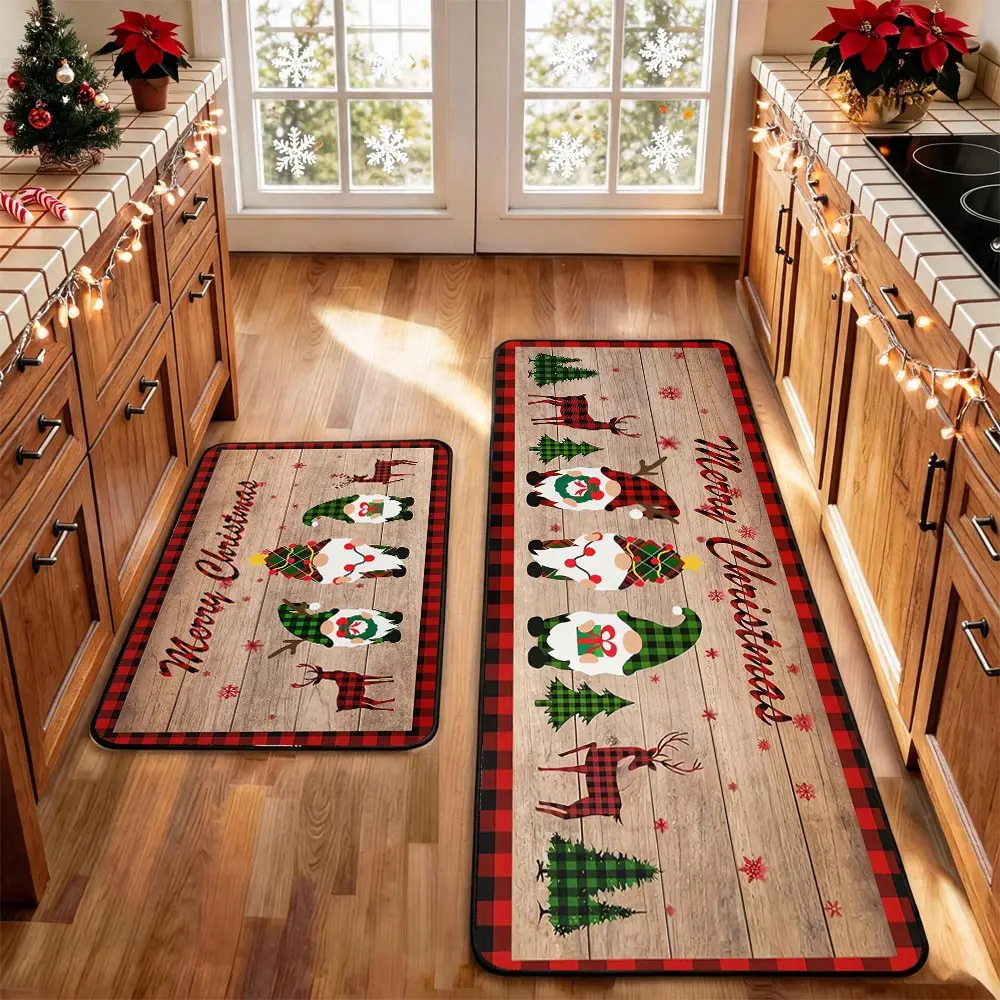 2-Piece Christmas Kitchen Mat Set,Snowman Wood Gingerbread Goblin Reindeer Christmas Tree Pattern Design, Washable Non-Slip Mats for Bathroom, Kitchen, Laundry Room, Hallway, Holiday Decor Gift，Christmas Spring Home Decor door mat, Kitchen Floor Mat
