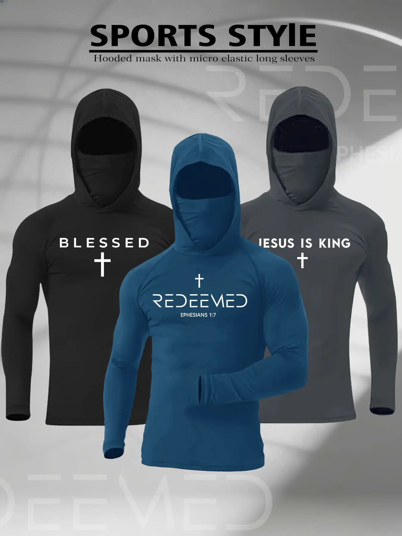 3 Pack Men Elastic Balaclava Hooded Long Sleeve Workout Shirts Casual Fitness Wear Christian Blessed Jesus Is King Redeemed Cross Bible Verse Print Quick Dry Sun Protection Outdoor Cycling Athletic Compression Tops Multipack