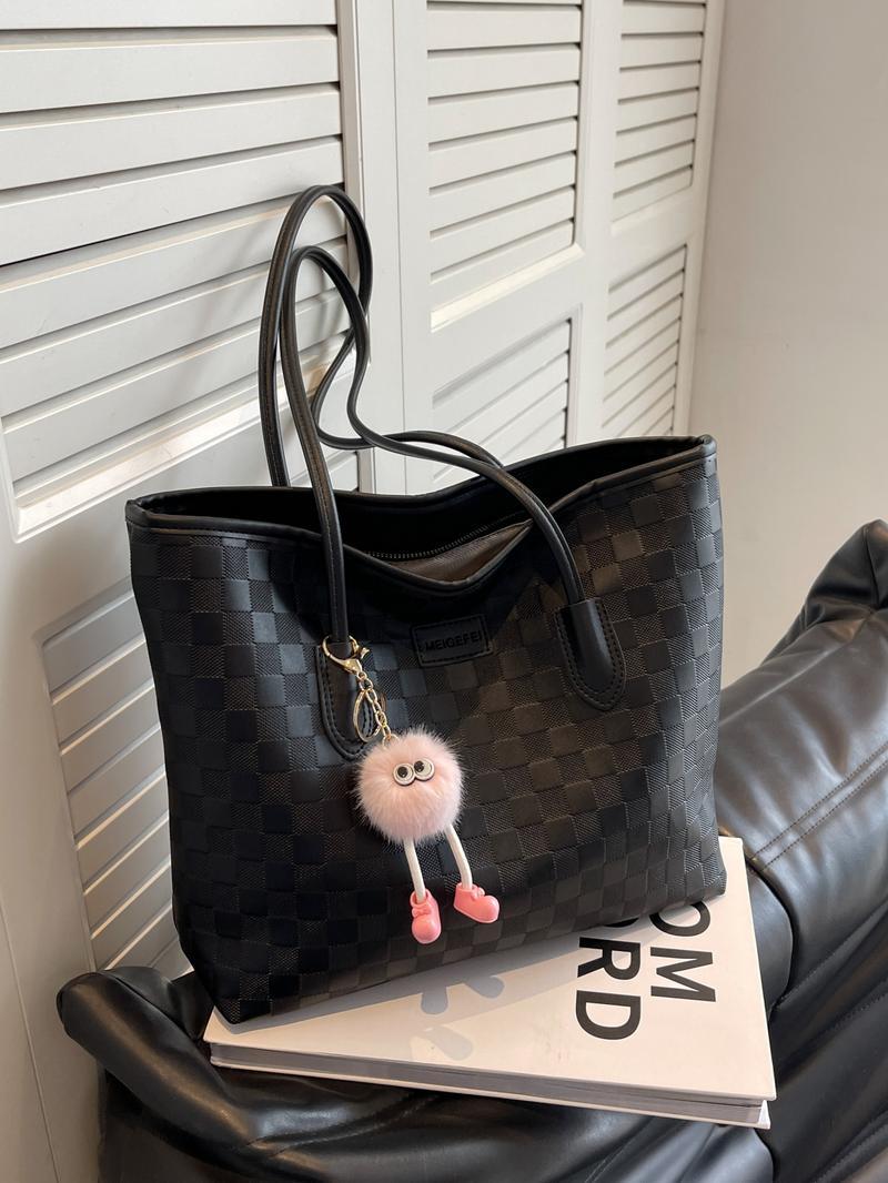 Women's Checkered Embossed Large Capacity Tote Bag, Cute Pom Pom Keychain, Zipper Closure, Versatile Daily Shoulder Bag for American Fashion Lovers