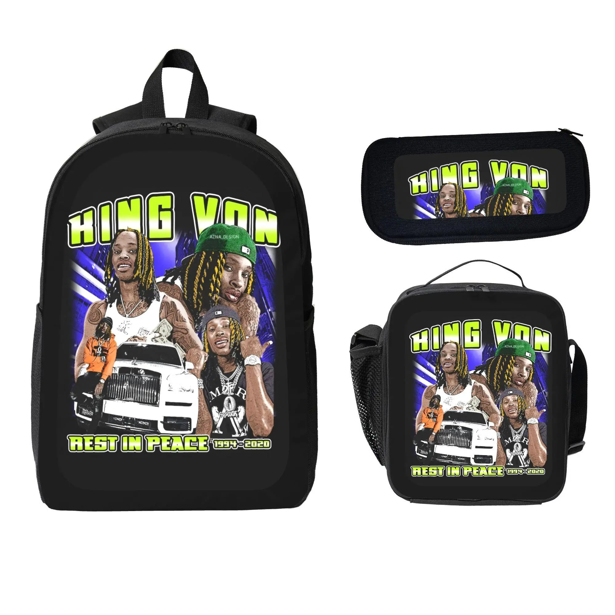 King Von Rest In Peace Theme 3-Piece Set - School Backpack with Organization, Pencil Case & Lunch Bag for Student Daily School Needs, School Backpack Organization
