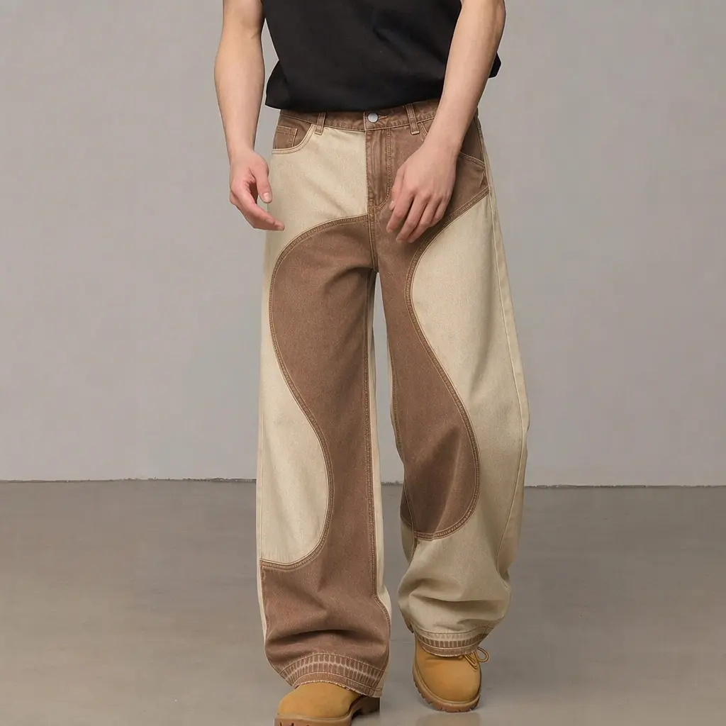 Vintage Contrast Patchwork Wide Leg Baggy Jeans, Mens Curved Panel Brown Beige Two-Tone Streetwear Denim Trousers, Relax Fit Pants For Skateboarding, Street Shoot And Hip Hop Culture