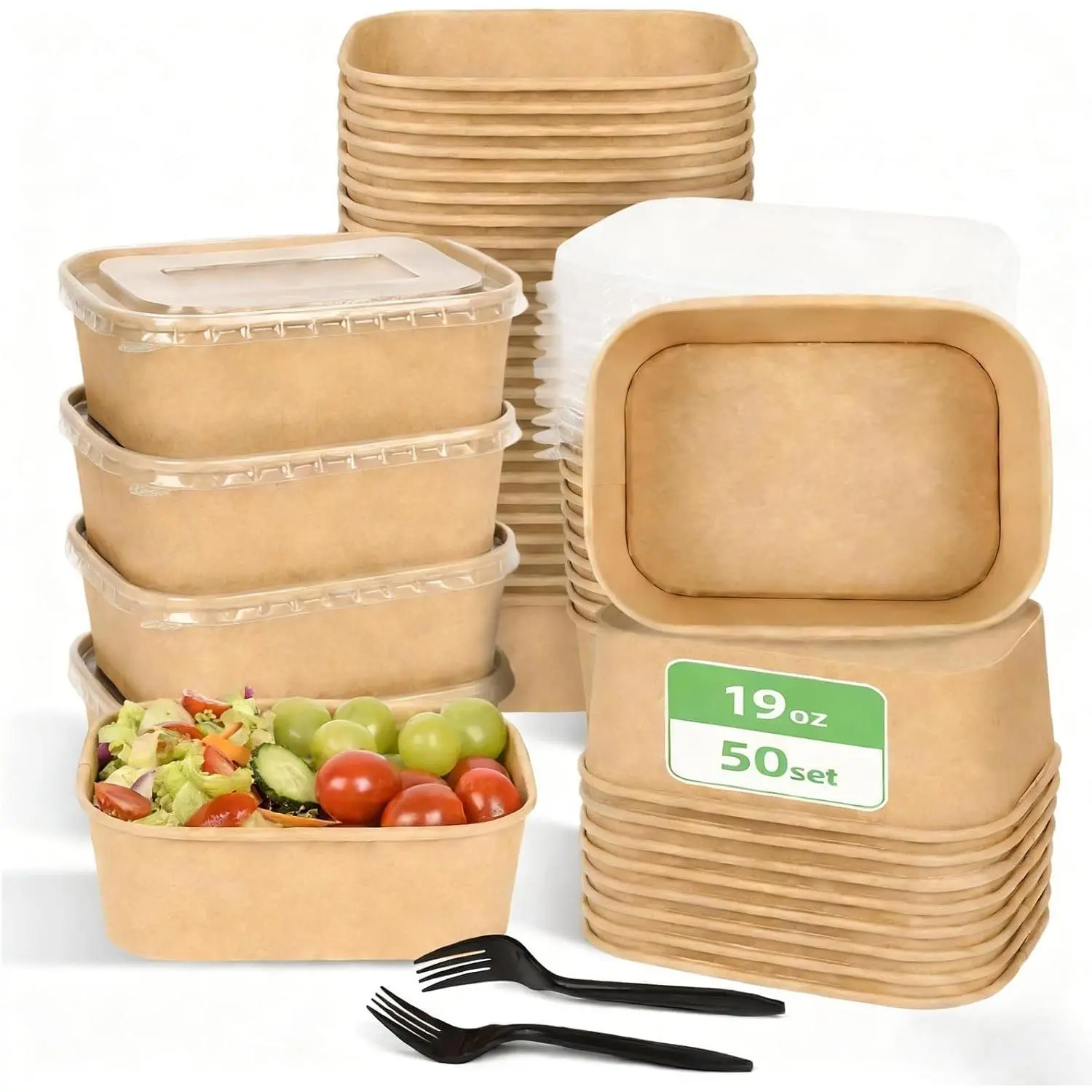50 Pack Disposable Meal Prep Containers, 19oz Disposable Large Paper Bowls with  and Forks for Salad, Noodles, Freezer and Microwavable Storage Use Cardboard  Containers