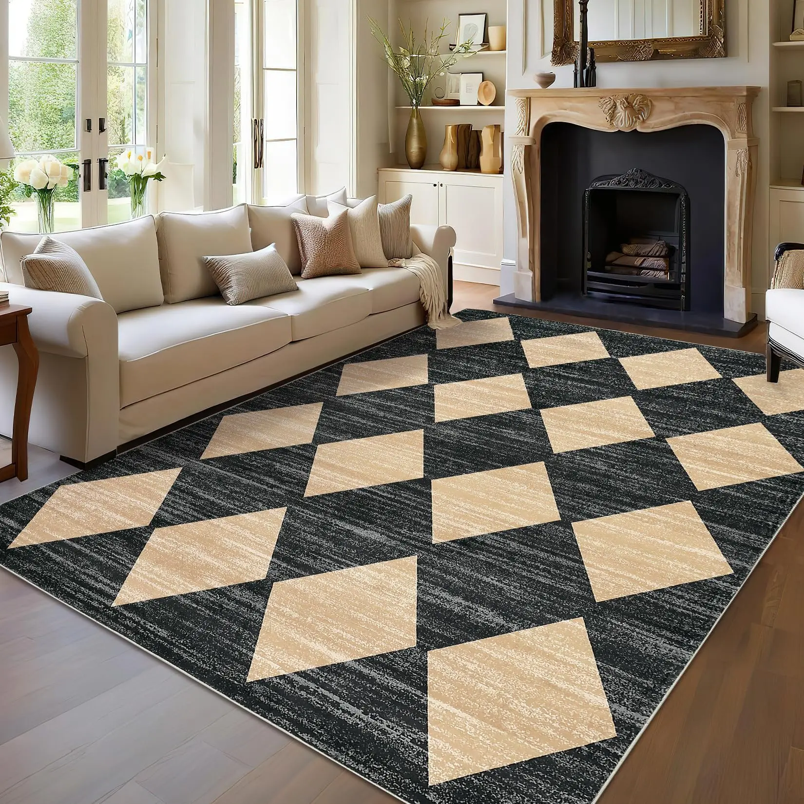 GARVEECheckered Area Rug 5x7 Washable Rugs, Modern Neutral Rug With Non-Slip Rubber Backing, Soft Faux Wool Throw Carpet for Entryway Bedroom Living Room Kitchen Dining Room Nursery,Taupe
