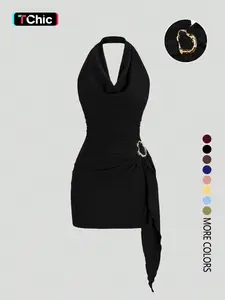 Women's Fashion Solid Color Ruched Halter Dress, Casual Office Wear, Elegant Backless Design, Perfect for Daily Wear, Stylish and Comfortable Dress
