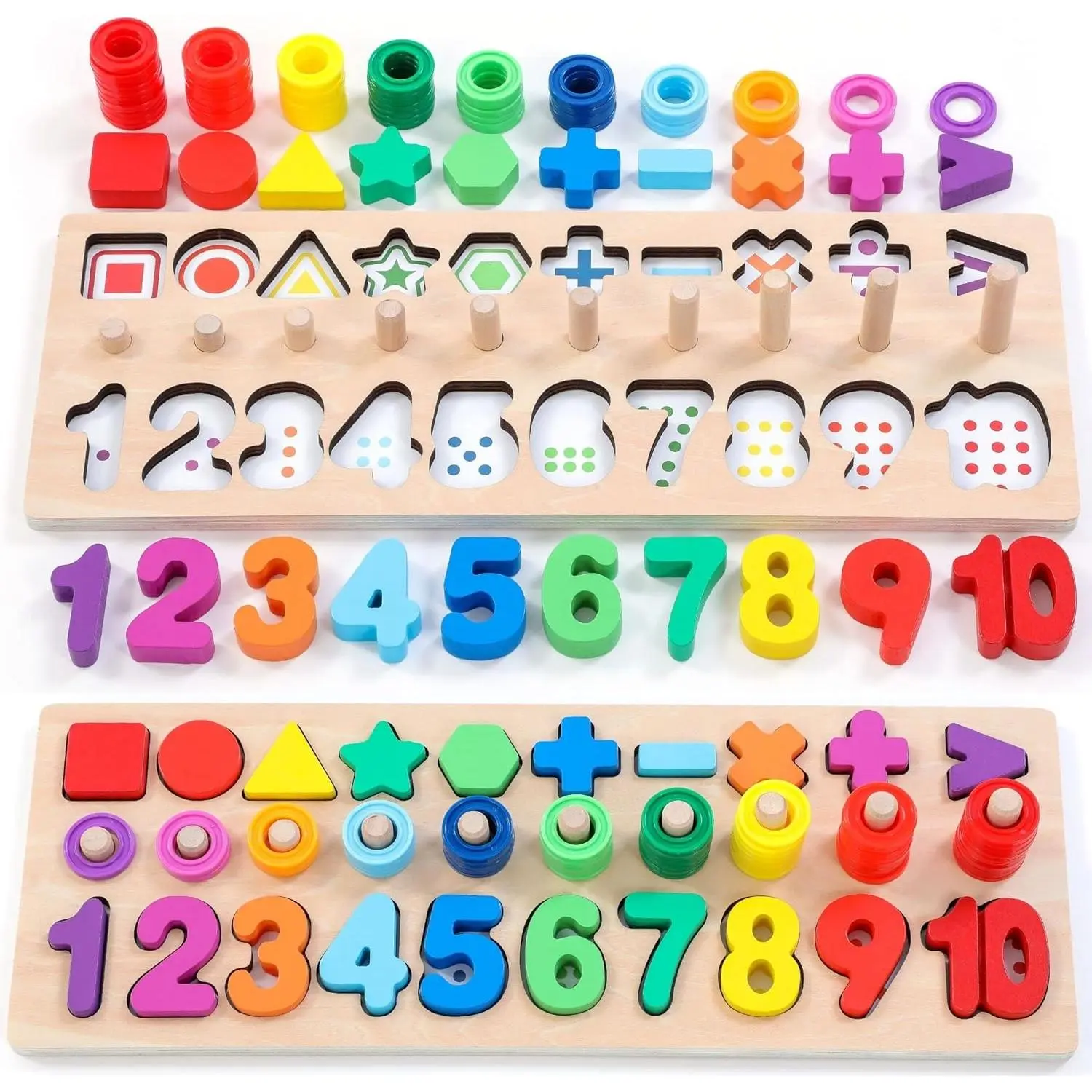 Wooden Montessori Number Puzzles Sorter Counting Shape Stacker Stacking Game Preschool Learning Education Math Blocks Gifts for Toddler Boy Girl (Rainbow)fidget toys