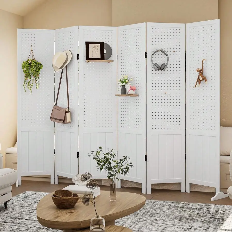 5.58 Ft Wooden Room Divider Display Organizer,Standalone Plug-In Panels With Supporting Feet,  Foldable Privacy Screen Partition, Multi-Functional Display Board, Suitable For Badroom,Living Room,Bathroom&Outdoor,White
