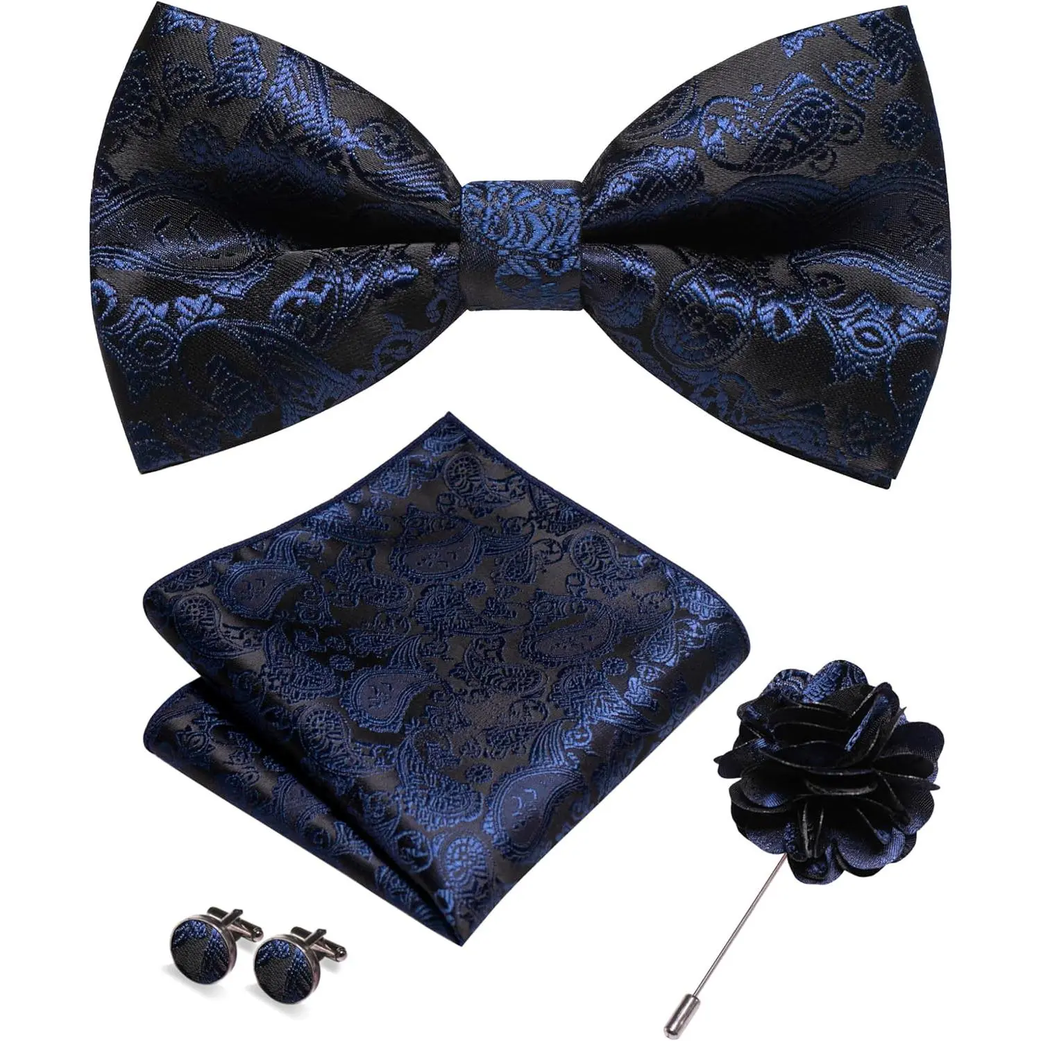 Navy Blue Paisley Bow Tie Pre-tied Bowtie and Pocket Square Cufflinks Lapel Pin Sets for Men