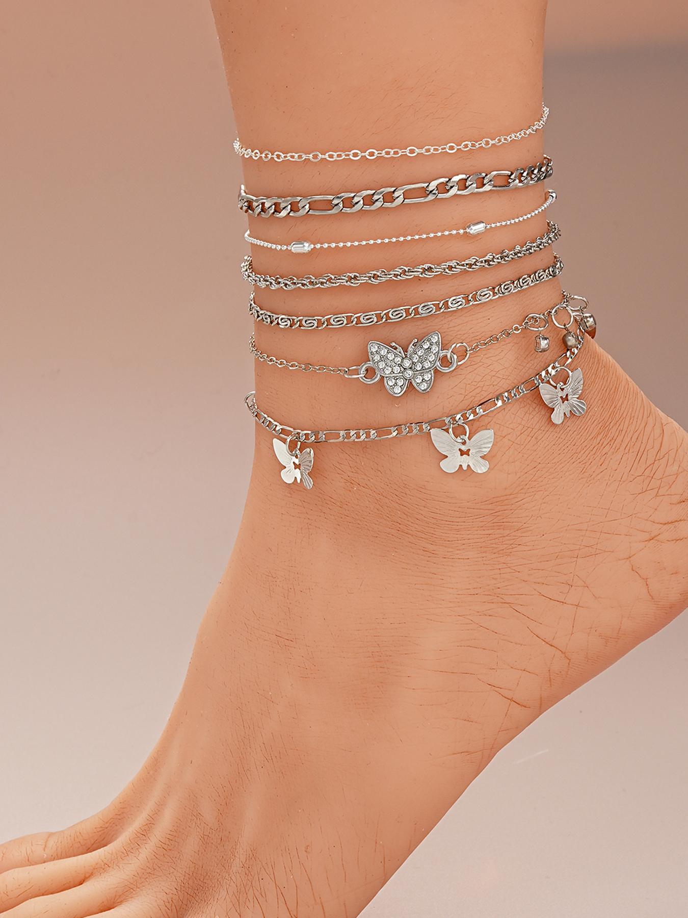 Women's Fashion Charming Butterfly & Heart-Shaped Anklet Set, Plain Elegant Zinc Alloy Anklet, Body Jewelry for Women & Girls, Holiday Gifts, Trendy Jewellery Accessories, Trendy Fashionable Accessories