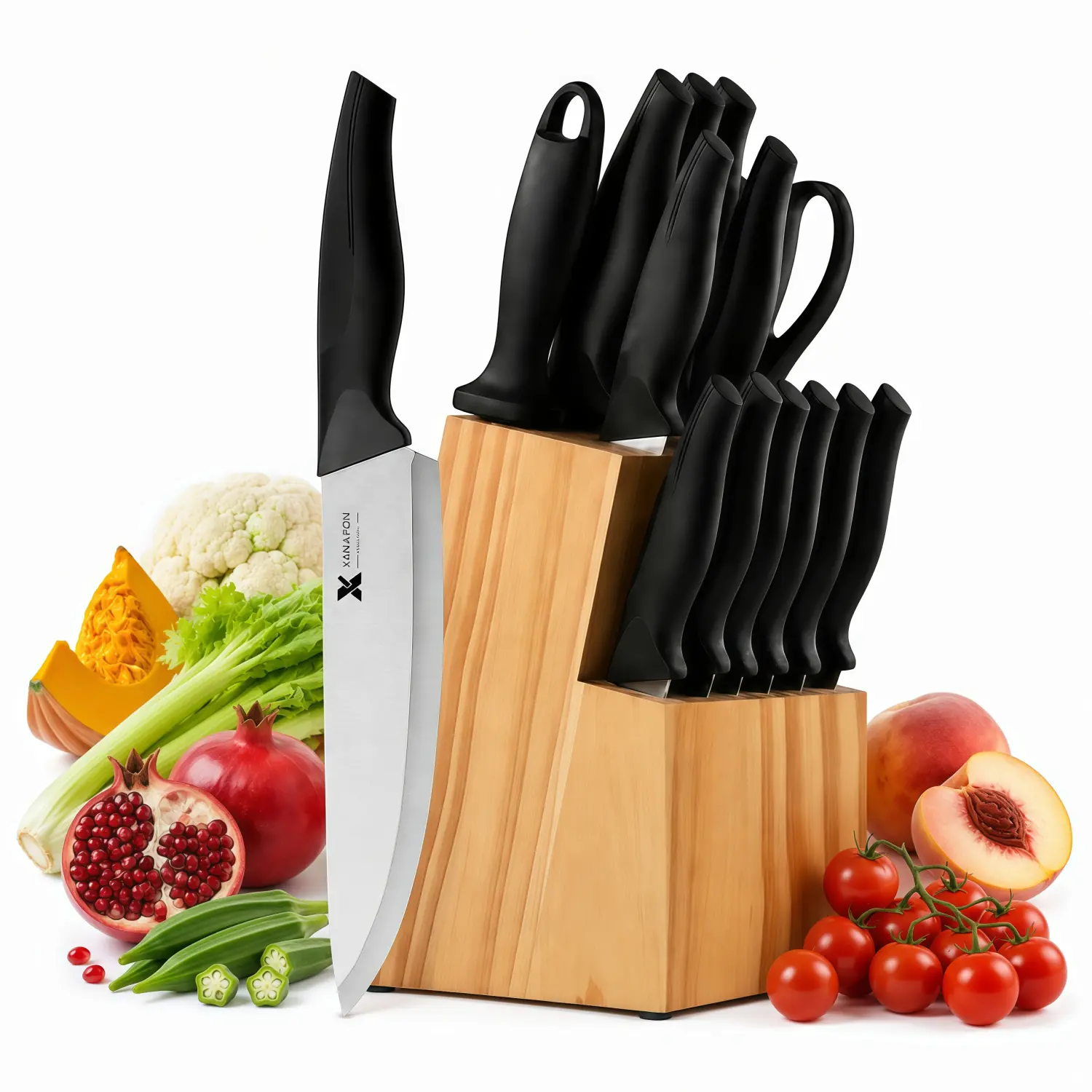 14-Piece Stainless Steel Kitchen Knife Block Set, Self-Sharpening Black Cutlery with Built-In Sharpener, ABS Anti-Slip Ergonomic Handles, Storage Solution for Slicing and Cutting Tasks