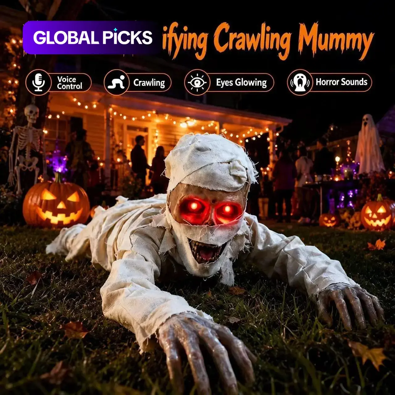 Halloween Crawling Mummy with Glowing Eyes, Terrifying Sound, Voice-Controlled, Electric Crawling, Battery Powered Ornament, Perfect for Halloween Decorations, Festive Home Decoration #GLOBAL PICKS