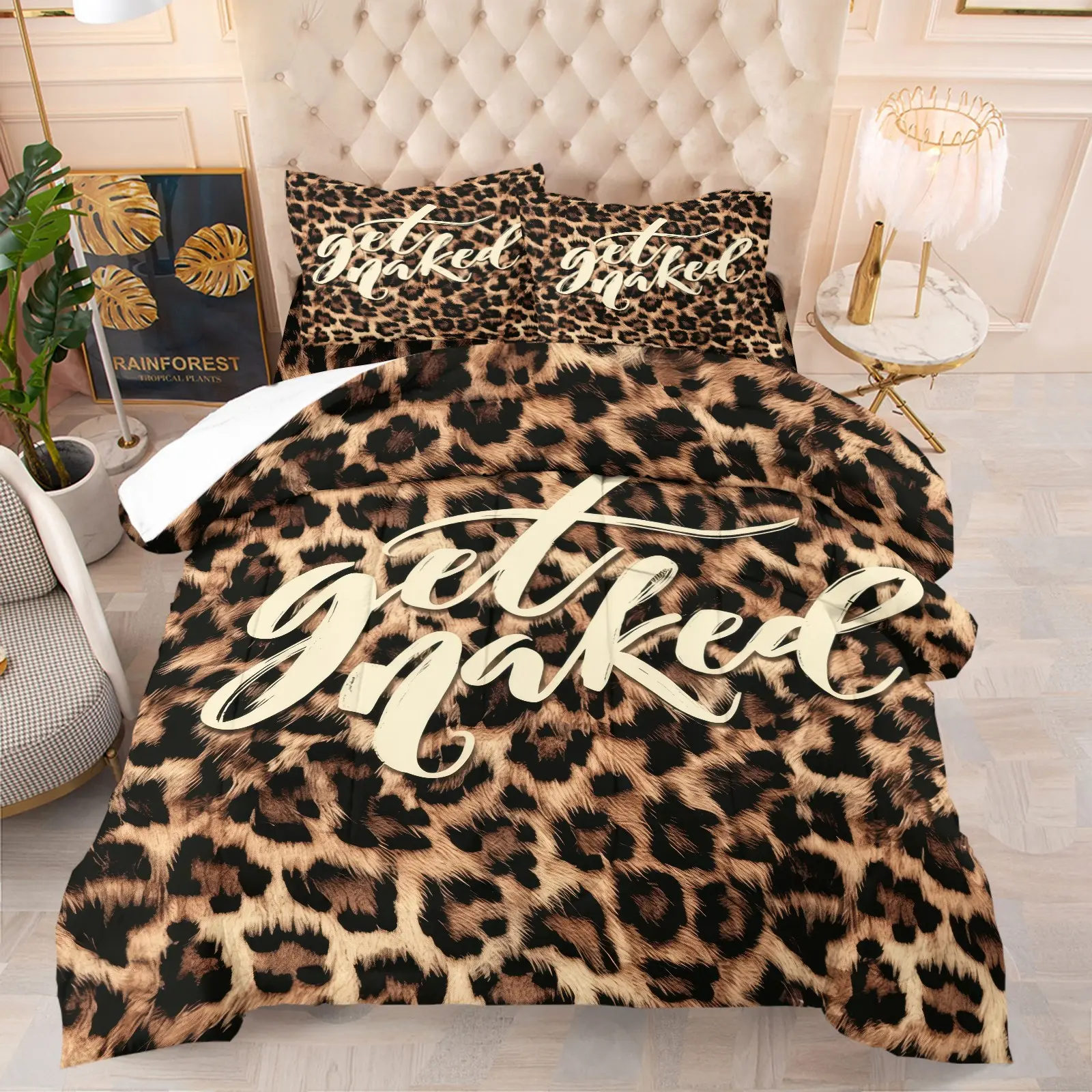 American Light‑luxury Wild Leopard Art‑Script Quilted Comforter Set,Include 1 Quilt Core & 1‑2 Coreless Pillowcases,Skin‑friendly, soft ＆ warm,proper thickness for all‑season usage,great presents for edgy‑style home‑decor lovers