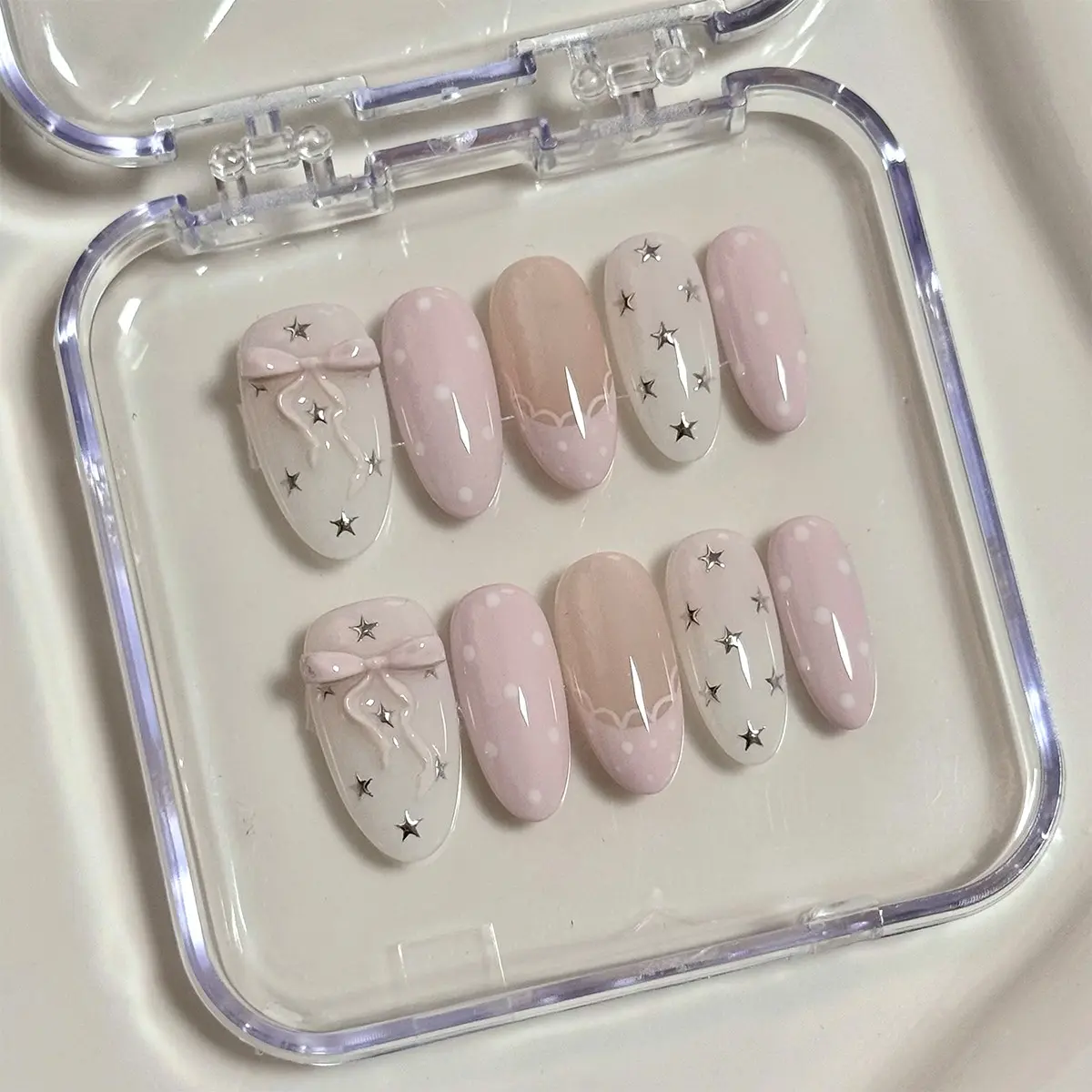 Y2K Cute Style 10 Piece Oval Press on Nails, Light Polka Dots Stars Bows, Fully Adhesive Detachable Fake Nails, Artificial Nails for Office Workers
