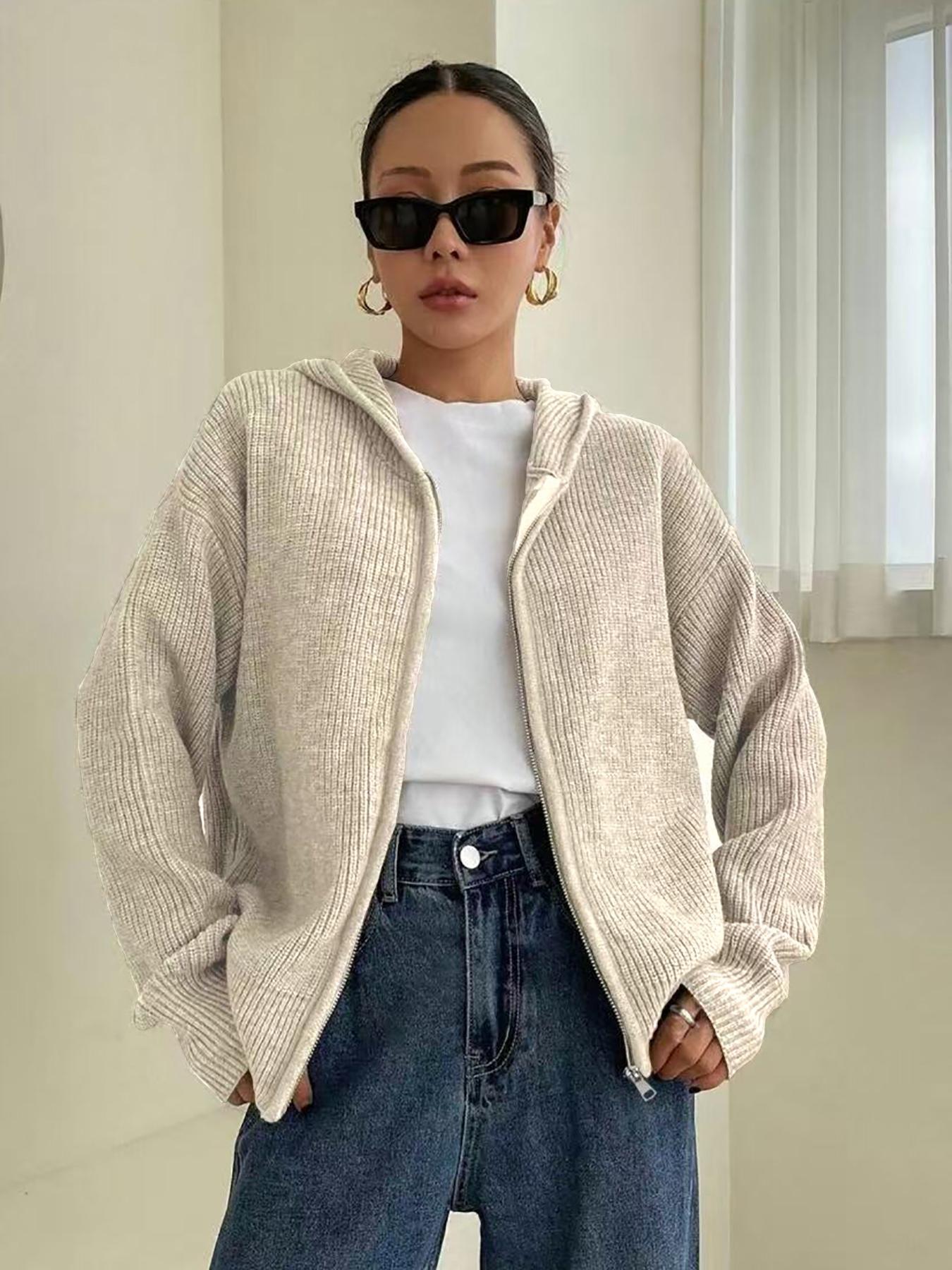 Women's Solid-Color Zip-Up Hooded Cardigan, Womenswear Casual Fit Basic Long Sleeve Knitting Knitwear for Fall & Winter, Ladies' Fashion Sweater for Daily Wear