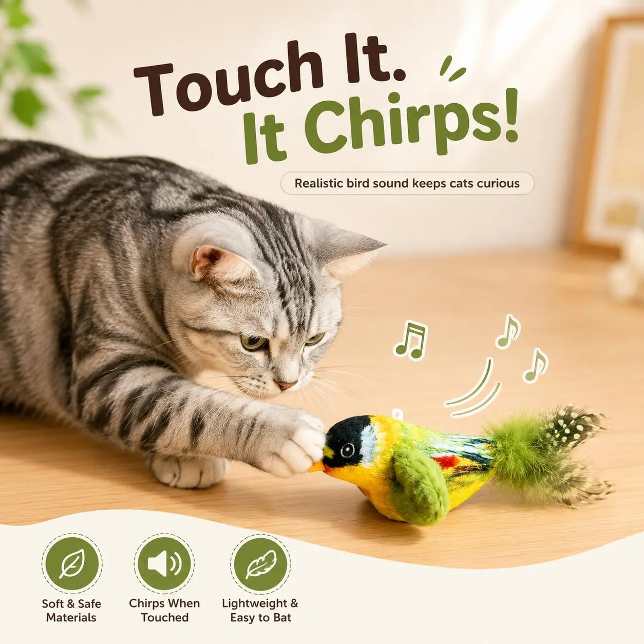 Must-Have Real Bird Sound Hanging Elastic Kitten Toy, Anti-scratch Anti-bite Pet Toy, lets indoor cats entertain themselves