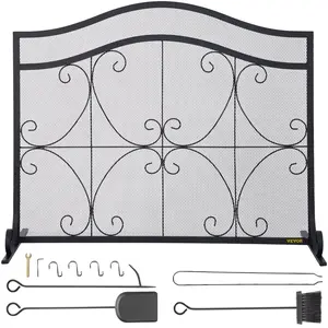 VEVOR Fireplace Screen, 38x 26.5 Inch, Heavy Duty Iron Freestanding Spark Guard with Support, Metal Mesh Craft, Broom Tong Shovel Poker Included for Fireplace Decoration Protection, Black