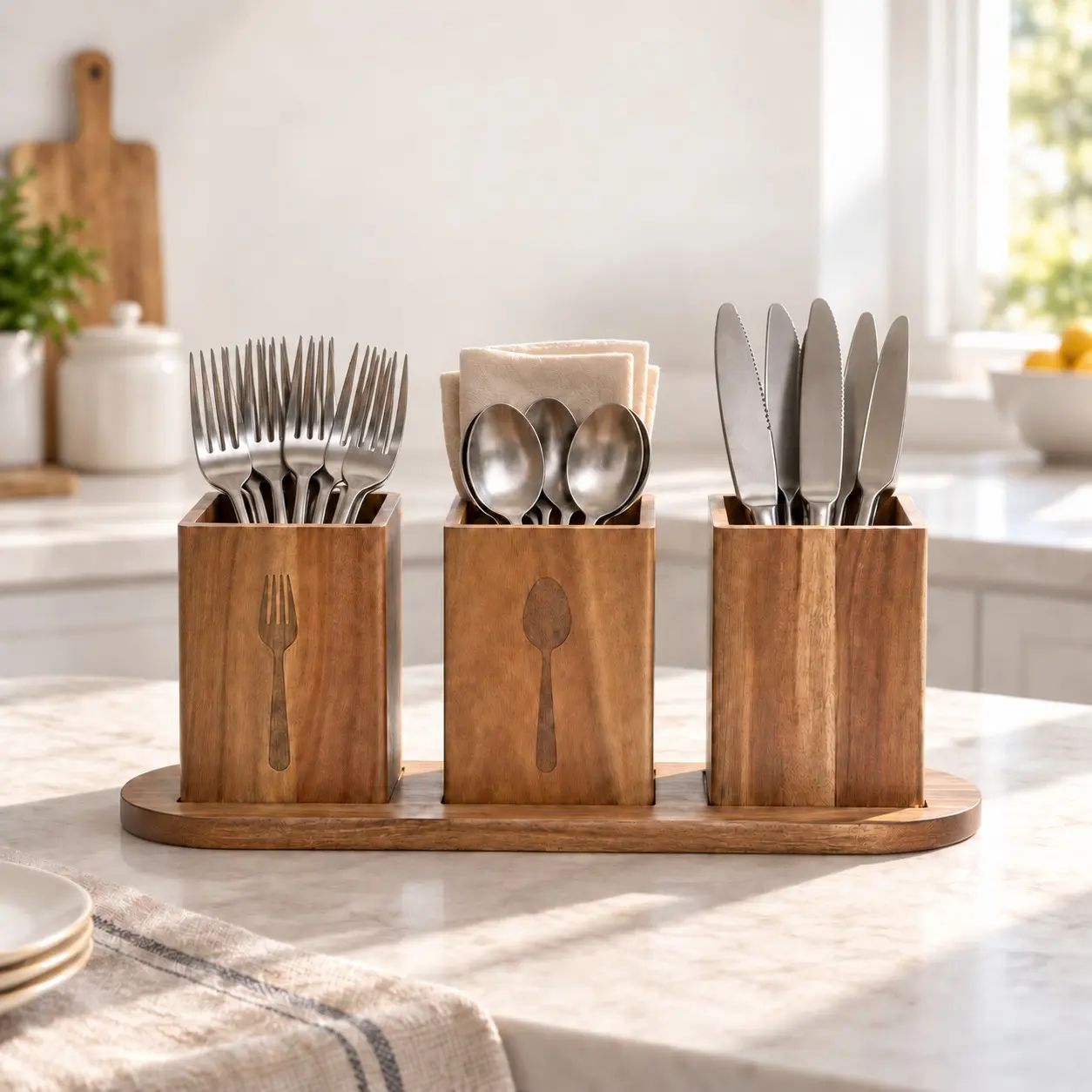 4PCS Rustic Wooden Flatware Organizer Set, Brown Utensil Storage Box for Spoons, Forks, Knives & Napkins, Kitchen Countertop Organizer, Farmhouse Dining Table Decor, Christmas Gift & Black Friday Deal