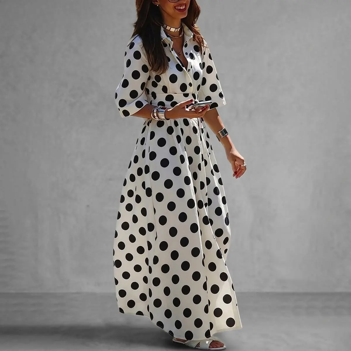 Women's Retro Chic Printed Fabric Vintage Polka Dot Woven Lightweight Shirt Dress - A-Line Maxi Skirt, Adjustable Belted High Waist, 3/4 Sleeve Collared, Functional Pockets, Eyelet Accents, Flat Straps, Custom Fit, Button-Front, Office Casual Street Style