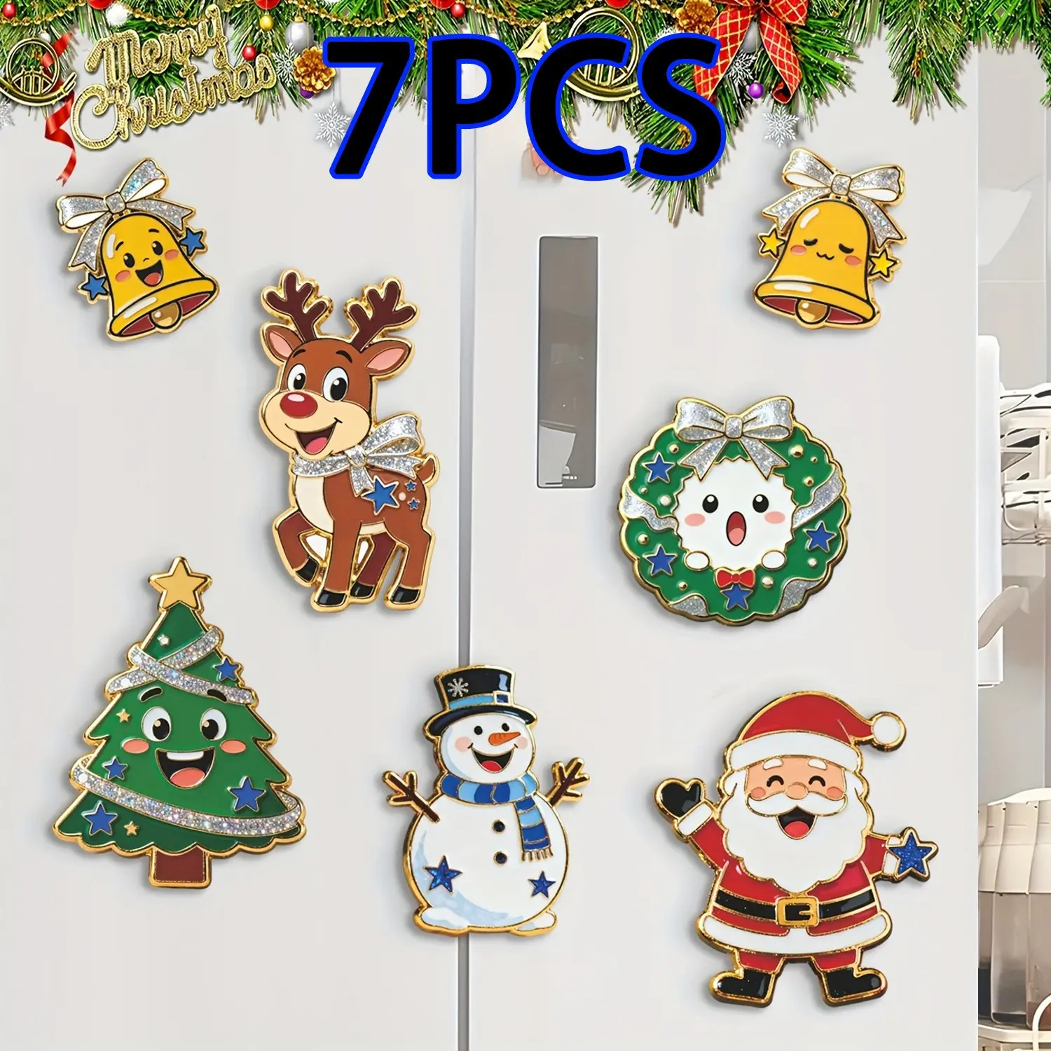 7 Piece Christmas Fridge Magnets Set, 2D Acrylic Decorations, Santa, Tree, Snowman, Reindeer, Bell Designs, Festive Gift for Holidays