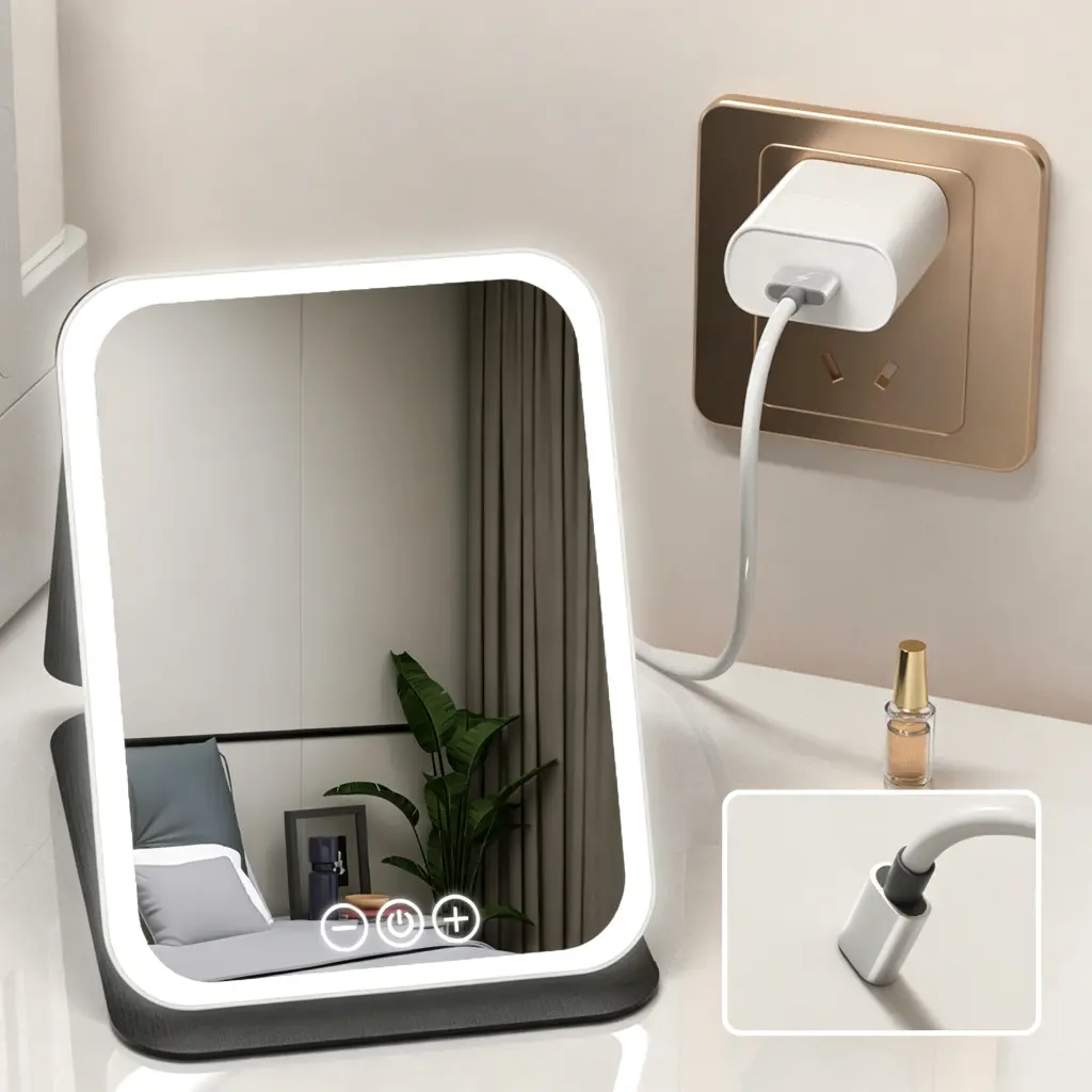 [Teaifa] LED Light Mirror, Portable Foldable Makeup Mirror with 3 Colors Adjustable Lighting and Touch Screen, Mirror with Lights, Touchscreen Vanity Mirror, Ideal for Home, Travel, Dormitory, Desktop