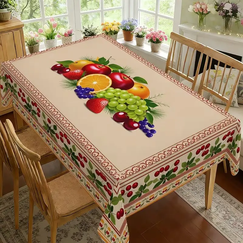 Vibrant Fruit Pattern Tablecloth, Rectangular Shape Cherry Border Design Dining Tablecloth, Autumn Theme Kitchen Party Home Decor