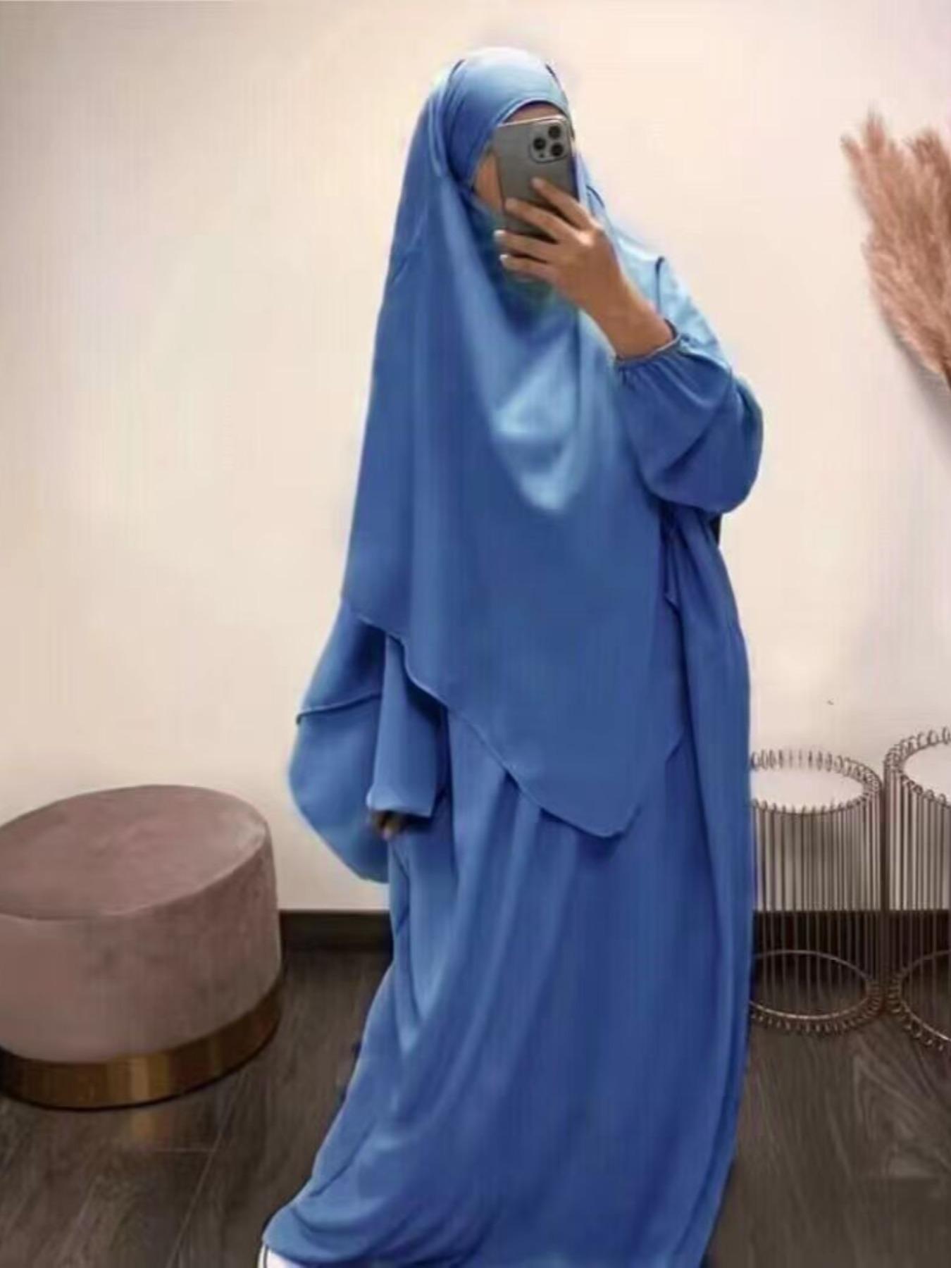 Women's Solid Long Sleeve Abaya & Hijab Set, Modest Fashionable Two-piece Outfits for Women, Women's Islamic Clothing for Daily Wear