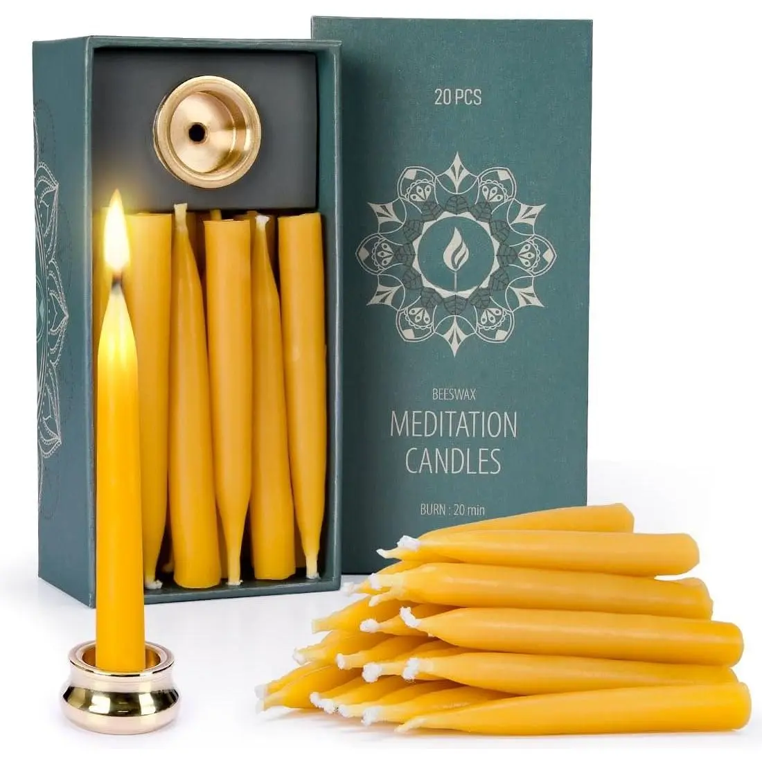 20-Minute Beeswax Meditation Candles, 20-Count with Brass Holder |  pure beeswax mini tapers, 20min  timer, Includes brass holder, Dripless, Luxury tactile  box