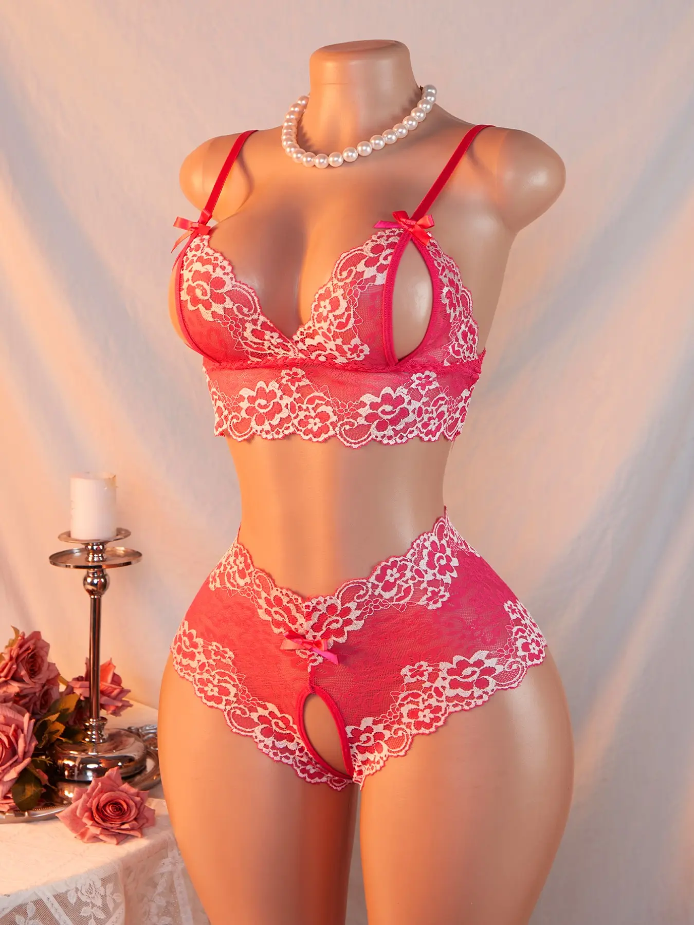 Women's Sexy Bra and Panty Set, Deep V Cutout Lace Trim Bow Open Crotch Lingerie, Floral Pattern, Slim-Fitting, All Seasons Underwear Sets