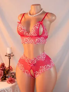 Women's Sexy Bra and Panty Set, Deep V Cutout Lace Trim Bow Open Crotch Lingerie, Floral Pattern, Slim-Fitting, All Seasons Underwear Sets