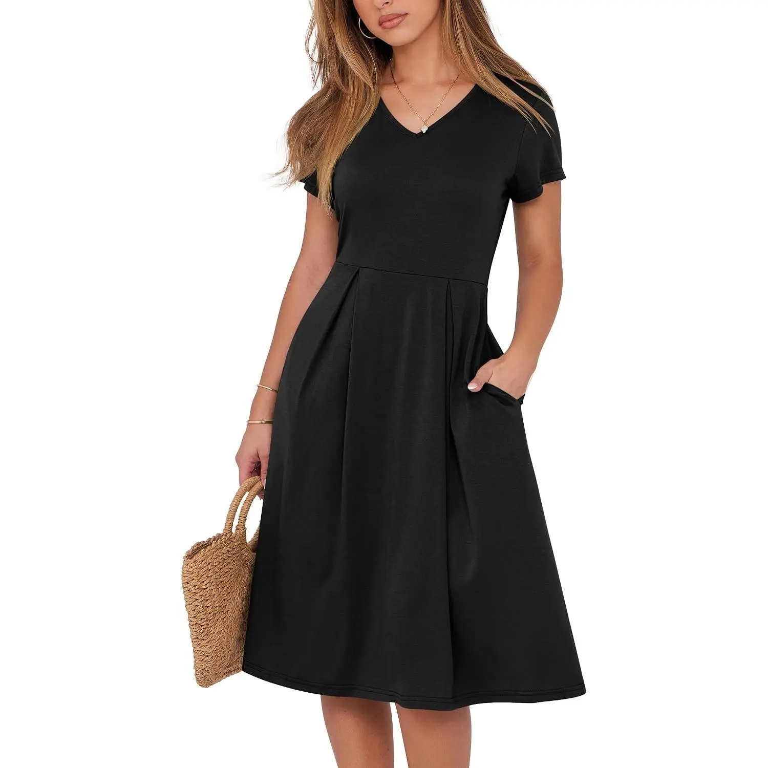 Women's 2026 Summer Casual Polyester-Rayon Dress, Short-Sleeve V-Neck A-Line Knee-Length Pleated Flowy Fit Dress with Pocket, Shortsleeve