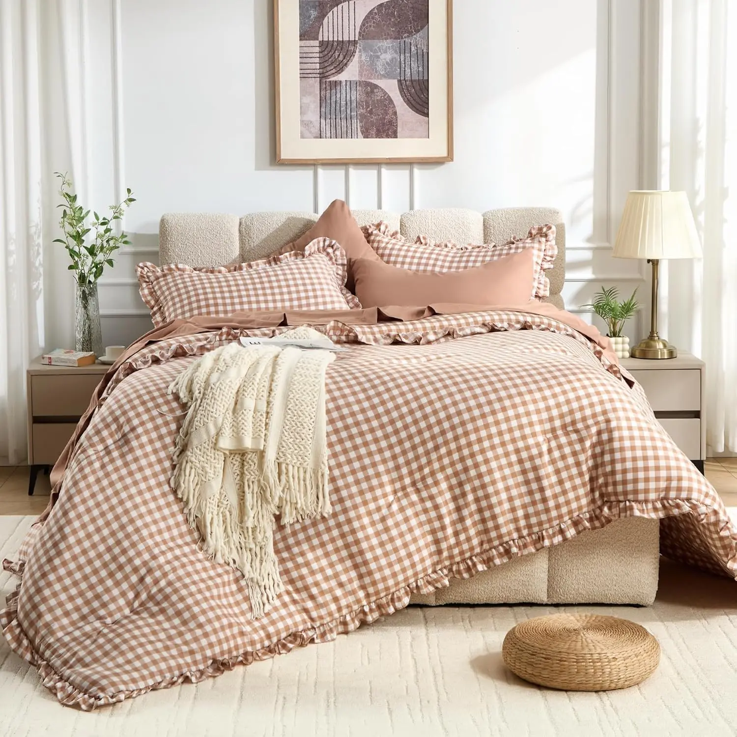 7 Pieces Gingham Ruffle Comforter Set Queen Size, Brown Grid Tartan Bedding Set, Soft Breathable Fabric Comforter with Flat Sheet, Fitted Sheet, 2 Pillowcases & 2 Shams, 88"X88"