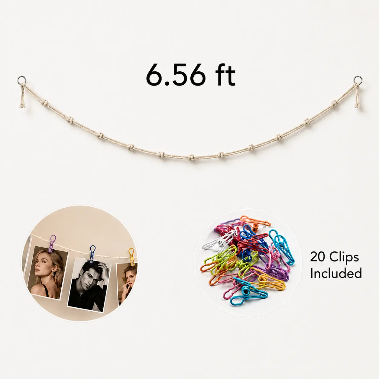 Macrame Photo Display Rope with 20 Multi-Color Clips, 6.56FT Cotton Knotted Wall Hanging String, Boho Aesthetic Decor for Polaroid Photos, Dorm, Bedroom & Wall Gallery