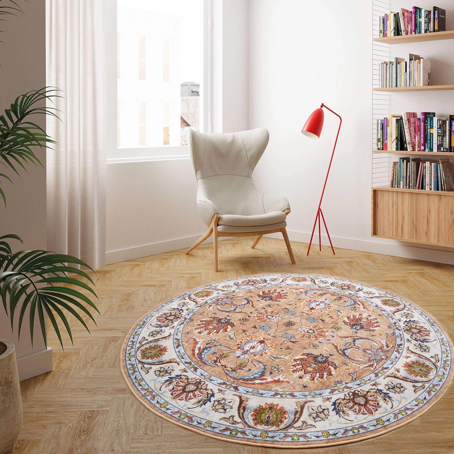 Retro round carpet, non slip low plush round carpet for living rooms and daycare, Bohemian printed indoor carpet