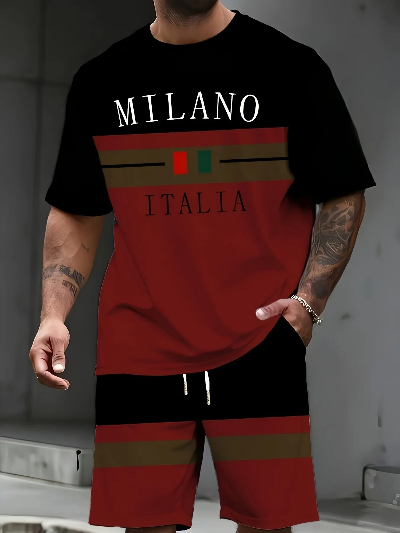 Men's Colorblock Letter Print Short Sleeve T-Shirt and Pocket Shorts Set, Summer Casual, Men's Fashion Ensemble