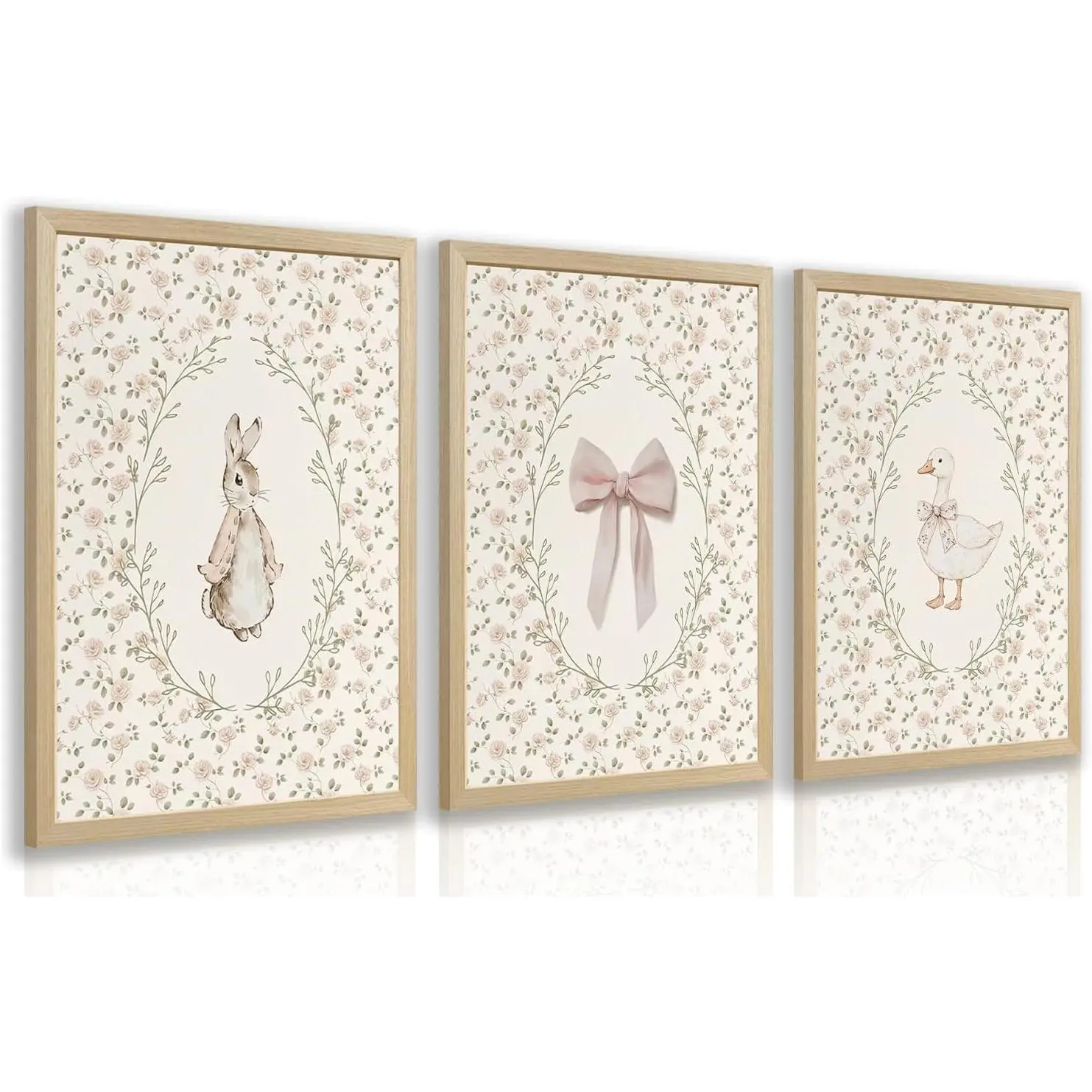 12x16 In Wood-Framed Baby Girl Nursery Wall Art Set of 3 - Toddler Gift, Farmhouse Lightweight Pink Bow Rabbit Goose Canvas Prints, Cute Floral Vintage Neutral Animal Decor for Girls Room