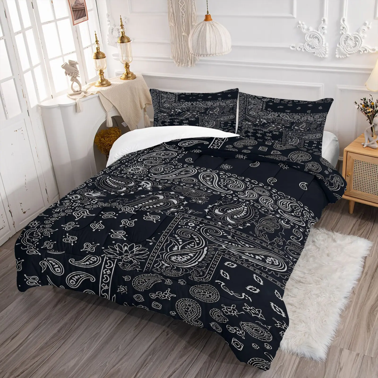 Black Background White Paisley Bandana Patchwork Comforter Set, Classic Vintage Floral Paisley Print, Printed Bedding Set, 1 Comforter + 1-2 Pillowcases, Soft Microfiber Washable Bedding, Neutral Retro Style All Season Bedroom Quilt Set