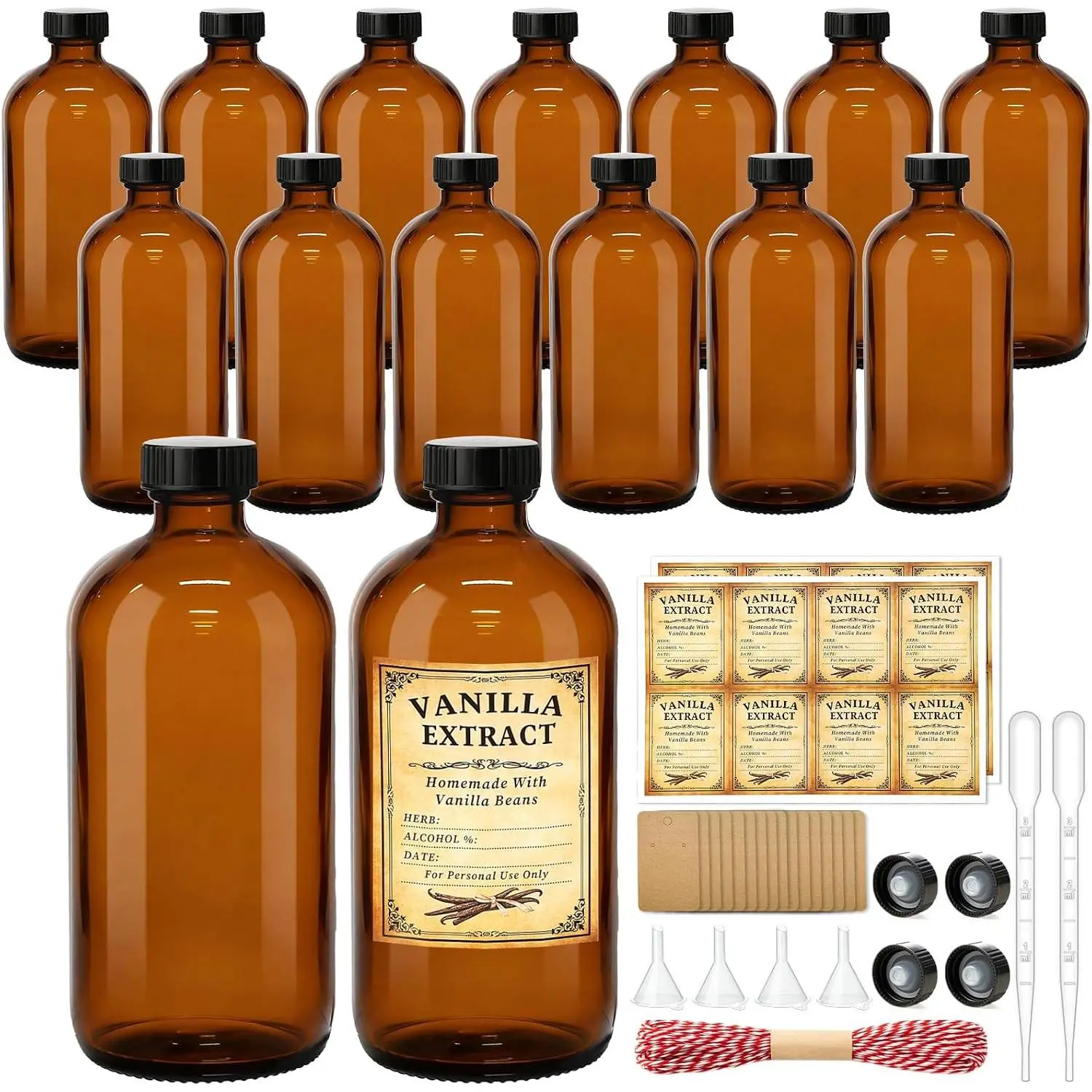 15 Pack 16oz  Glass Bottles with ,  Round Bottles with Airtight Polycone Caps for Homemade Vanilla Extract, Kombucha, Syrups,  Liquids & Tinctures