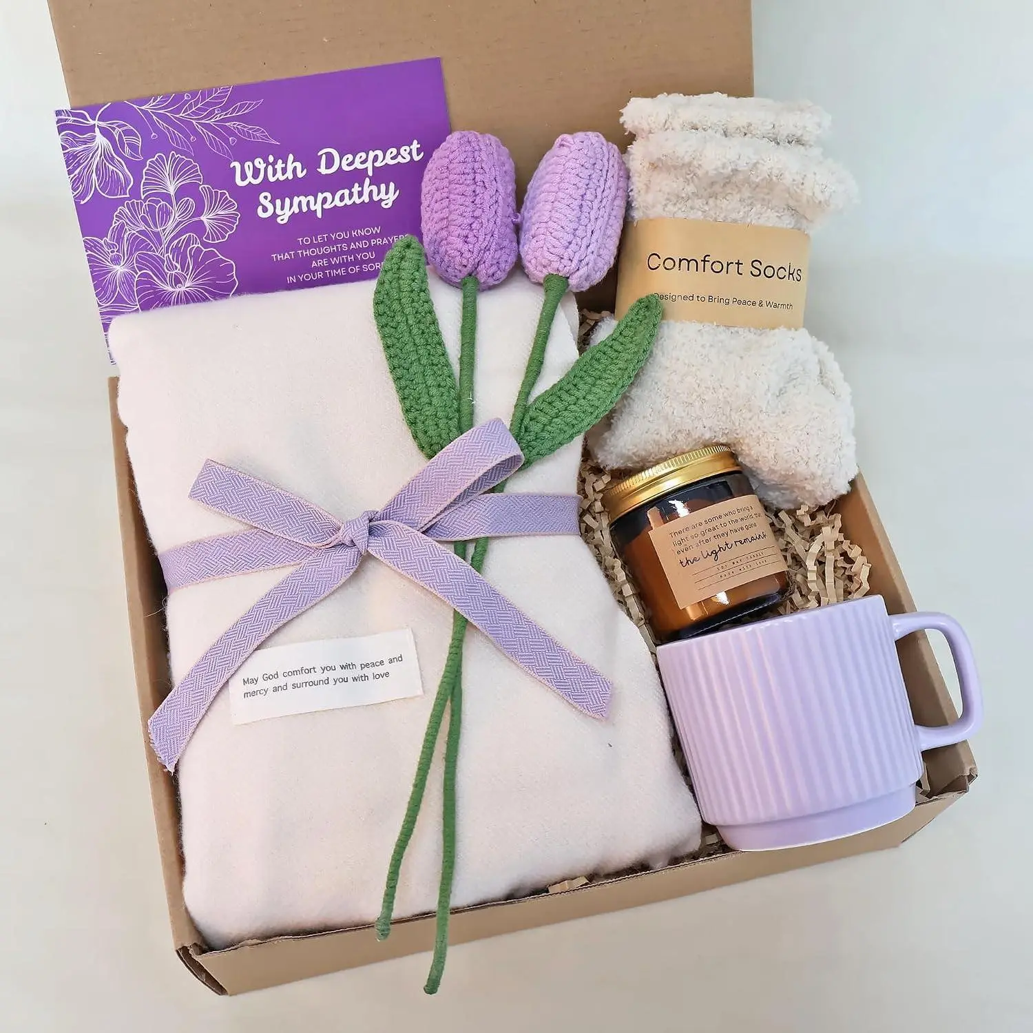 Sympathy  Basket for Loss of Loved  - Condolence Care Package with Shawl, Candle, Mug & Comfort Items