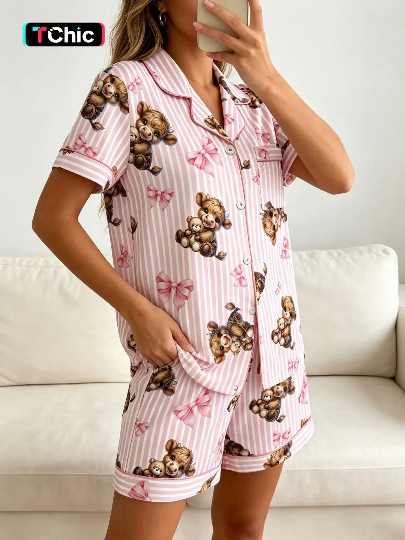 Women's Short Sleeve Button Down Top and Shorts Pajama Set, Matching Pajamas Set, Spring Summer Wear, Loungewear, Cottagecore Lovers, Pink White Stripe Farm Animal Bow Print, Classic Lapel Collar, Loose Fit, Vacation & Parties