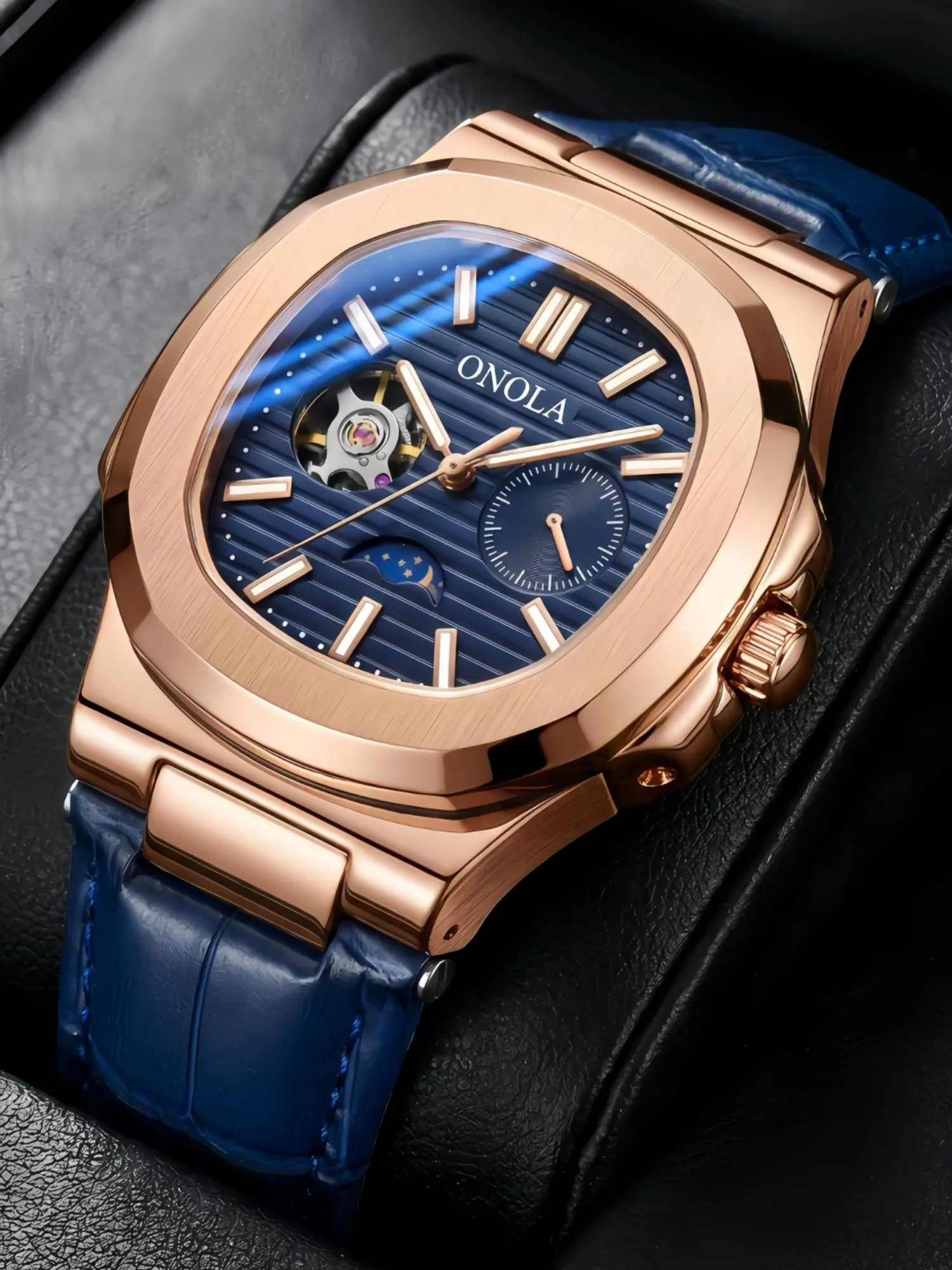 ONOLA Automatic Mechanical Watch Men Wrist Watches Luxury Skeleton Mechanical Watch Business Watch Multifunctional Lunar Dial Leather Strap Waterproof Luminous Male Dress Watch Daily Gift Watch For Gentleman Business Wristwatch