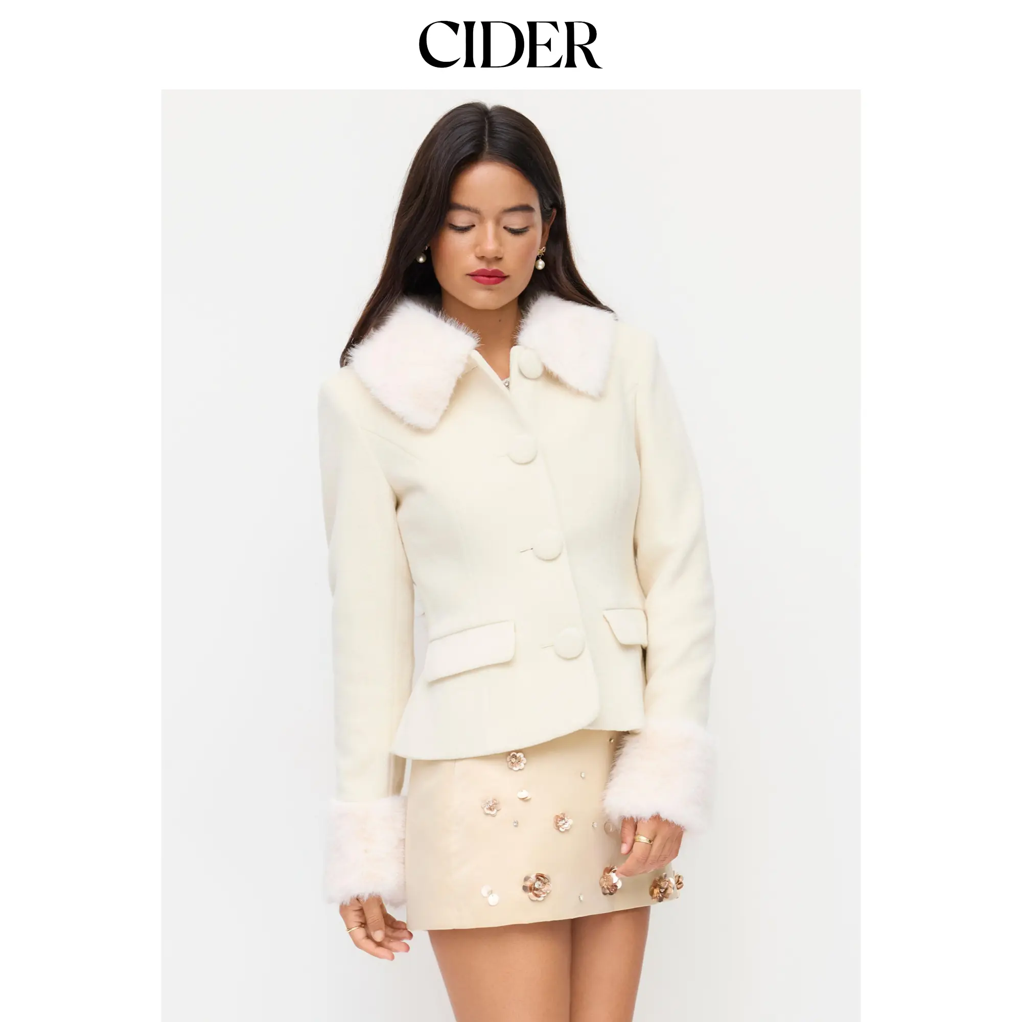 Cider Wool-look Collar Faux Fur Trim Long Sleeve Button Jacket