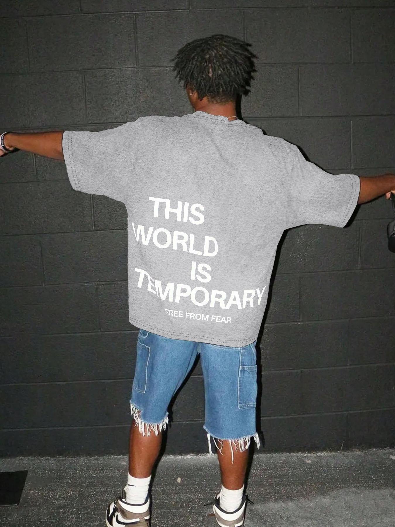 Men's Plain "THIS WORLD IS TEMPORARY" Letter Print Short Sleeve Graphic Tee, Loose Casual Comfy Round Neck T-shirt for Summer, Fashion Men's Top for Daily Wear