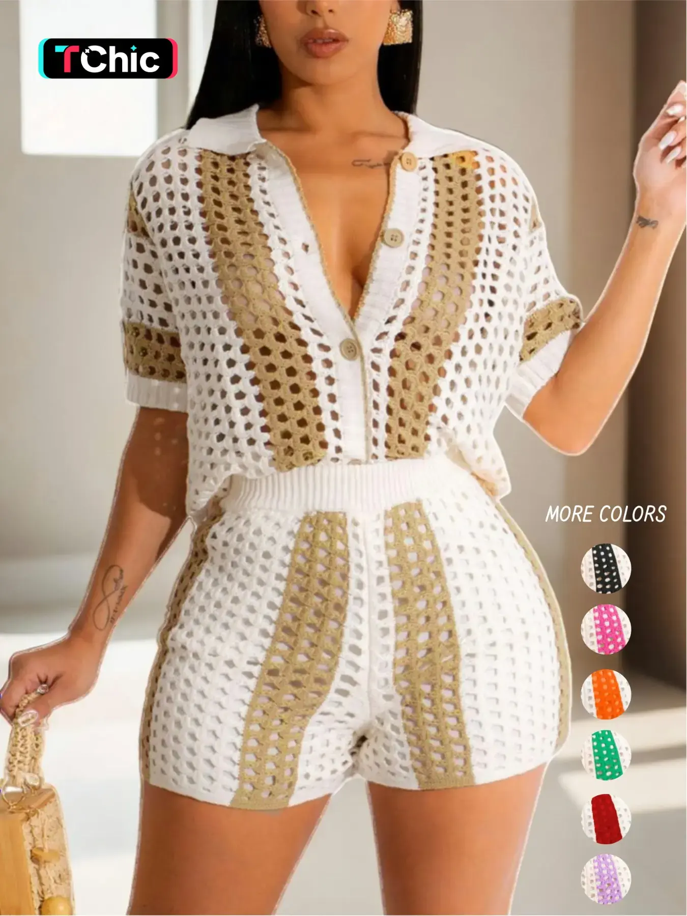 Women's Hollow Out Button Front Knit Top & High Waist Shorts Set, Summer Clothes, Casual Colorblock Striped Print Short Sleeve Collared Top & Shorts, Summer Outfits
