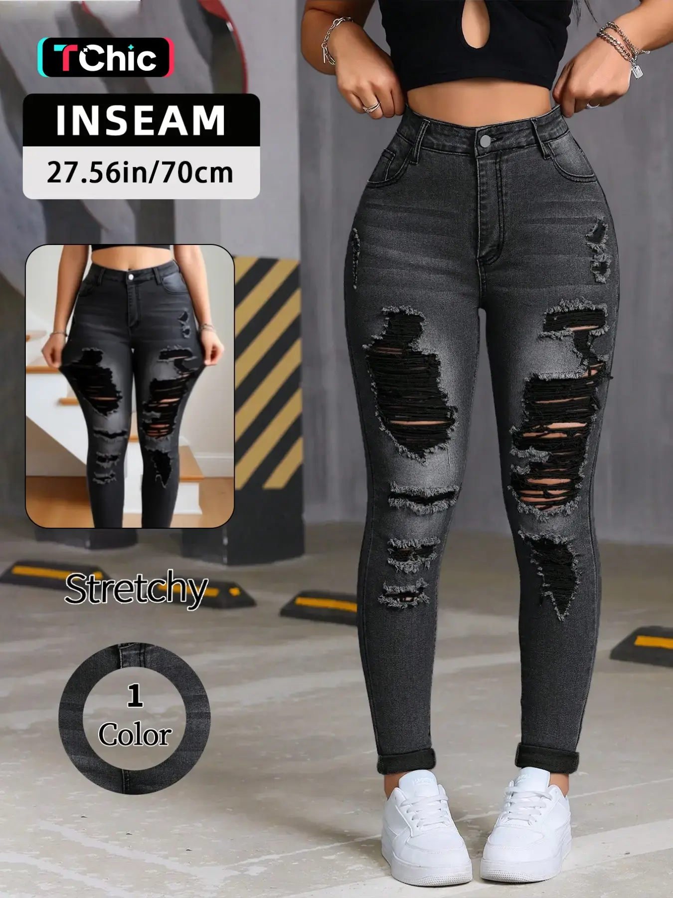 Women's Trendy Fashion Streetwear Ripped Denim Skinny Jeans, High Stretch Comfortable Slim Fit High Waisted Jeans, Casual Young Style Trousers Pants for All Seasons
