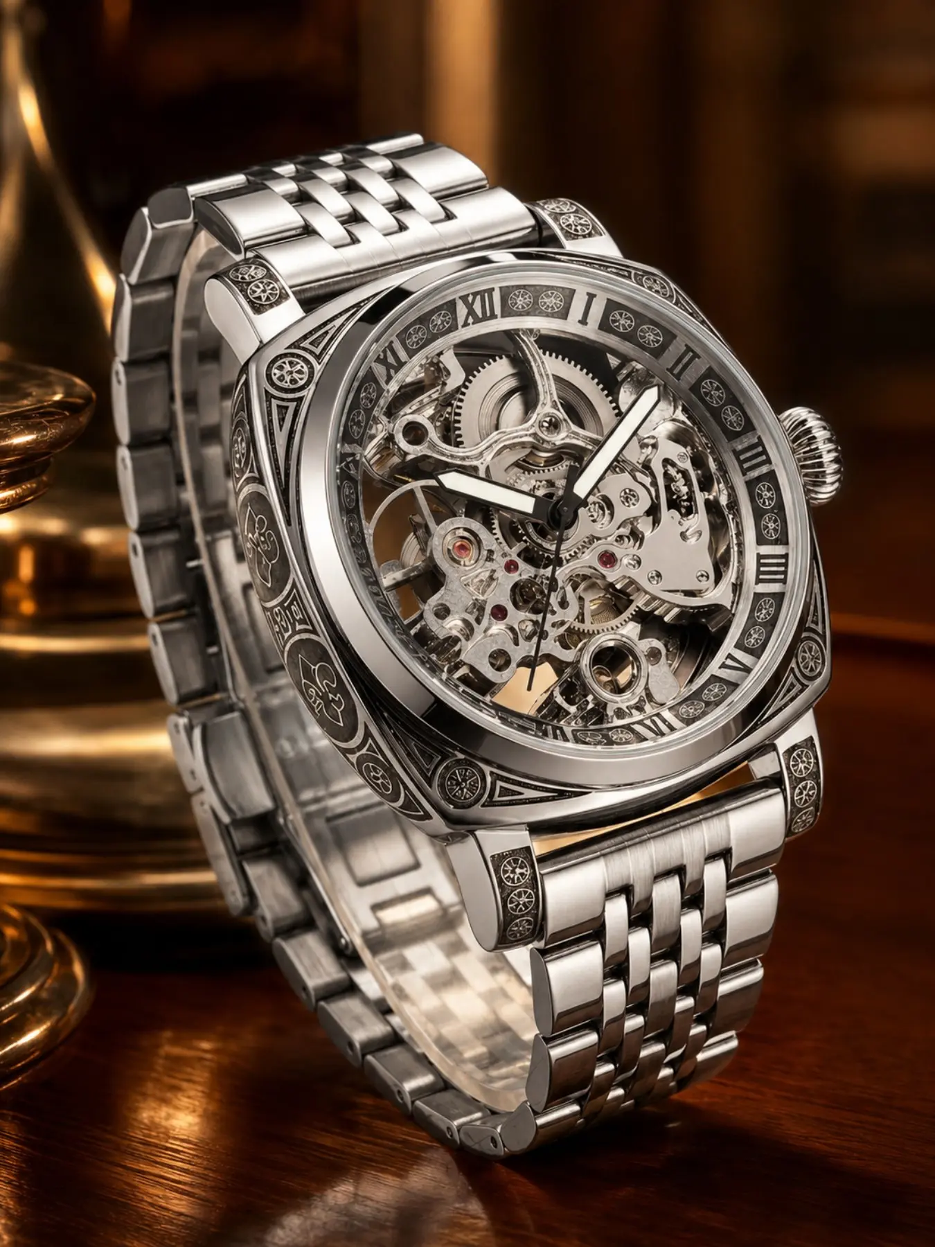 Luxury Silver Color Mechanical Watch for Men, Business Wristwatch, Intricate Engraving, Durable Steel Band, Perfect for Business and Daily Wear