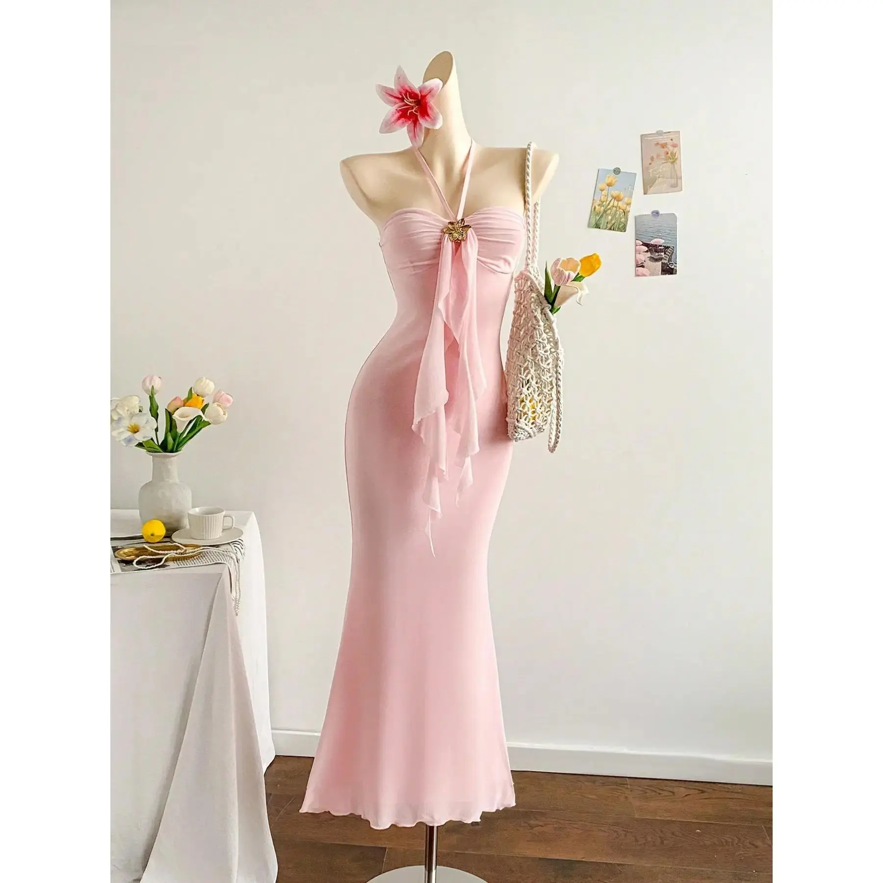 Halter-mermaid chiffon long dress, elegant and romantic in design, with a formal gown feel, suitable wedding guests to dress appropriately and elegantly, and also perfect everyday vacation wear, showcasing a soft and feminine charm