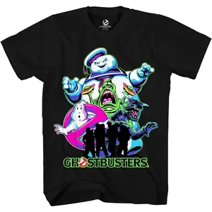 Ghostbusters Mens Stay Puft Shirt Stay Puft Logo Tee Shirt Graphic T-Shirt Ghostbusters Neon Villains & Crew Collage Graphic T-Shirt| 80s Horror Comedy Marshmallow Man Slimer Fan Tee