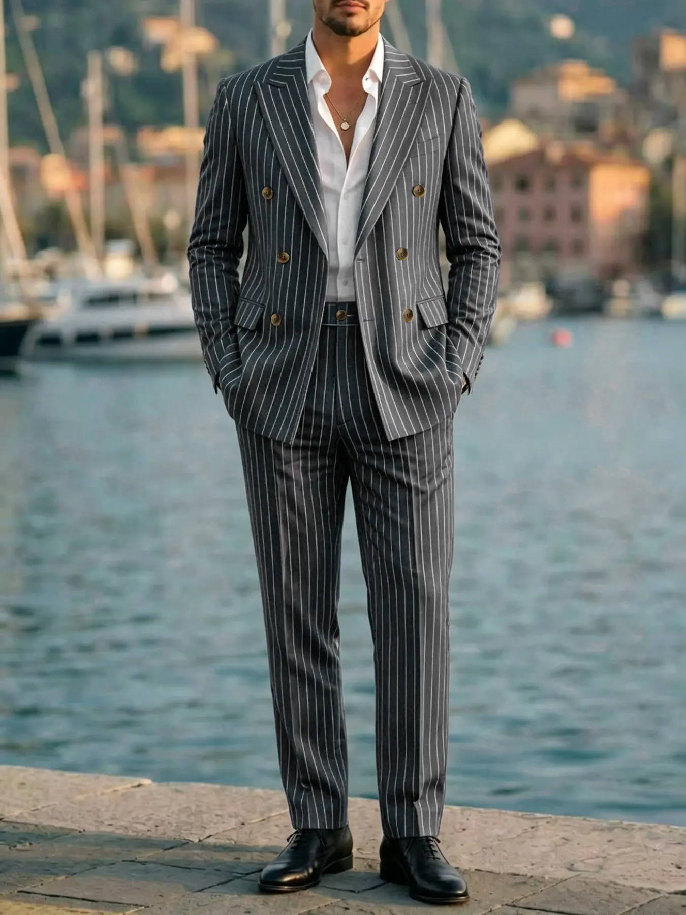 Men's 2-Piece Blazer Set, British Style Striped Double-Breasted Suit Jacket and Pants, Business Casual, Wedding Party, Evening Event